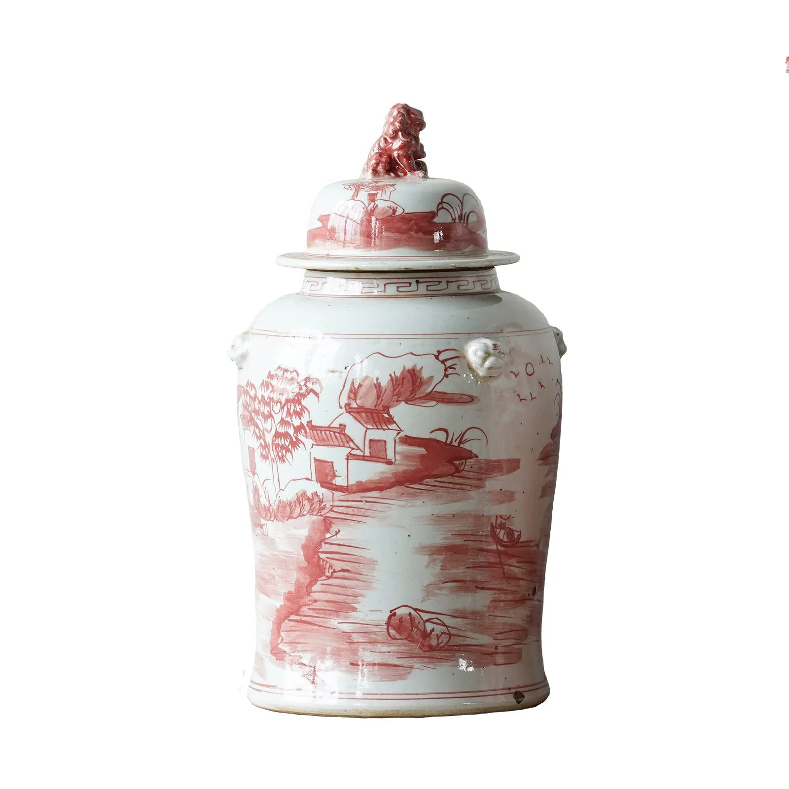 Jingdezhen Hand-Painted Temple Jar, Red with Mountain