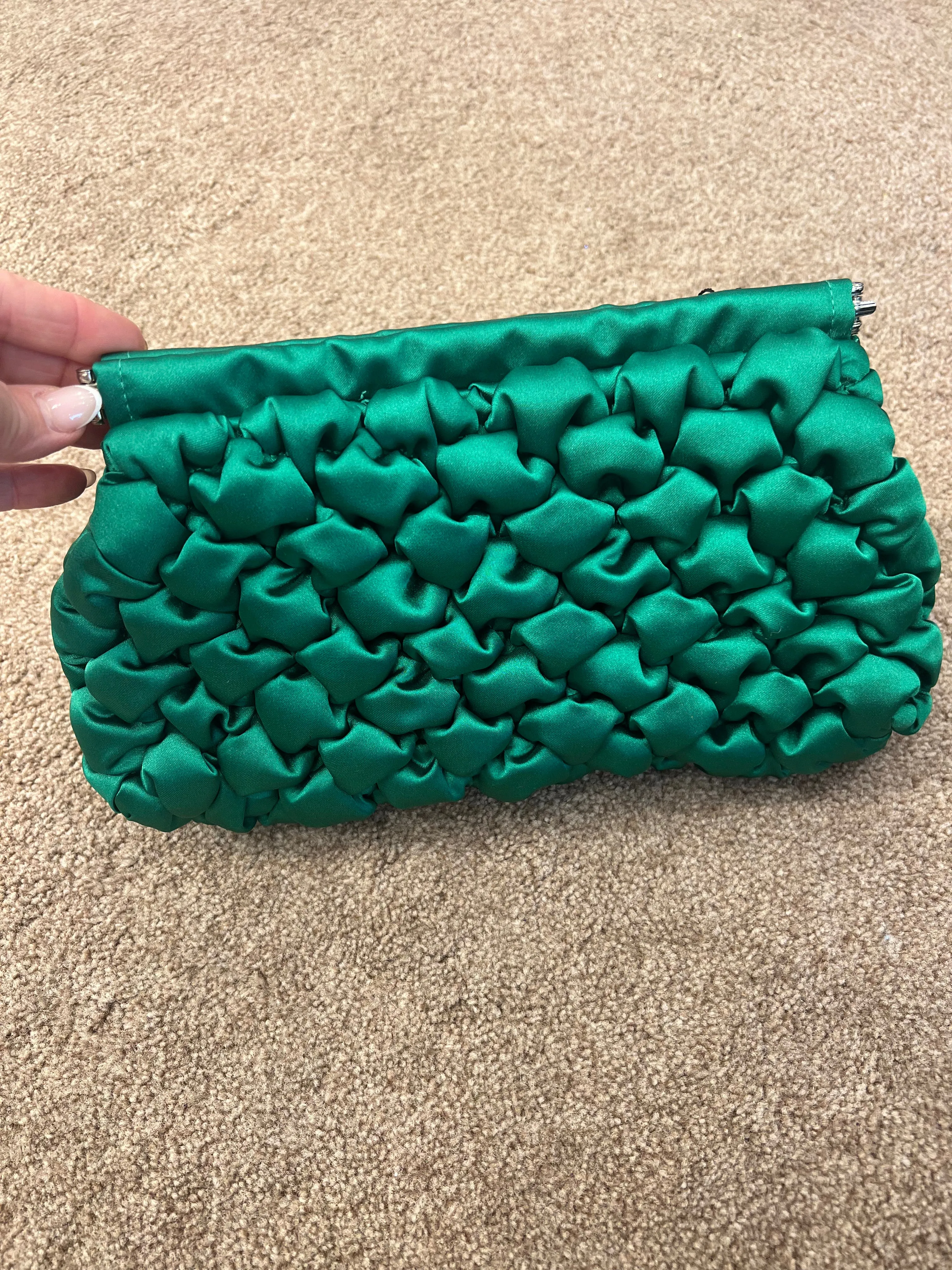 Kelly green satin quilted occasion handbag