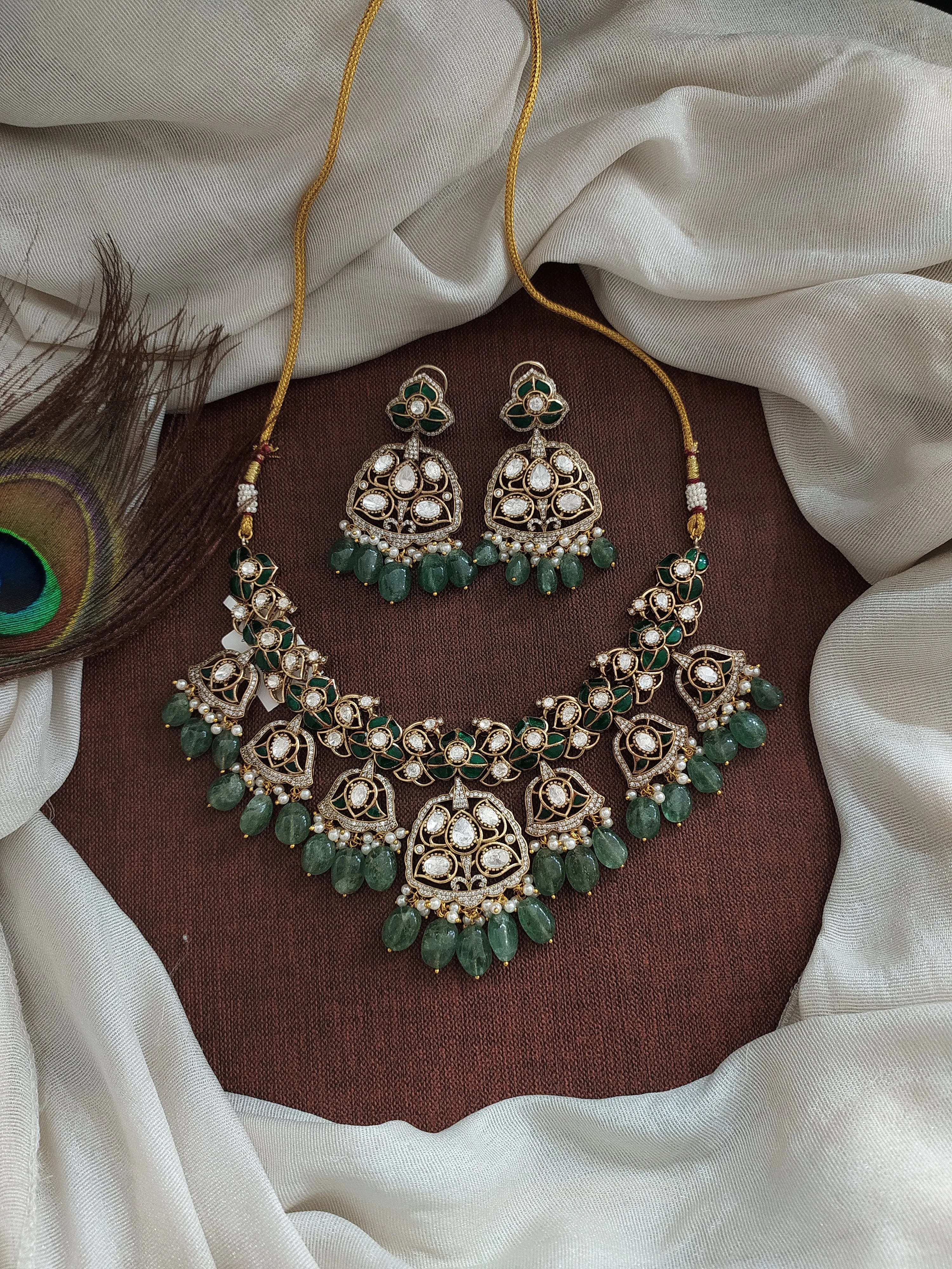 Kundan Meenakari Necklace Set with Moissanite and Bead Danglings