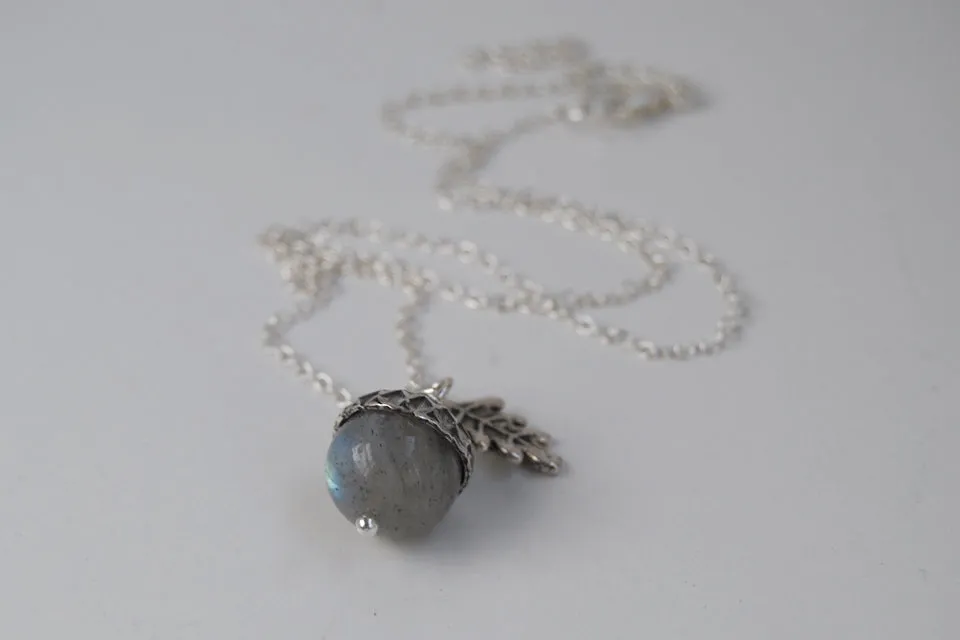 Labradorite and Silver Acorn Necklace | Cute Nature Charm | Forest Acorn Necklace | Nature Jewelry