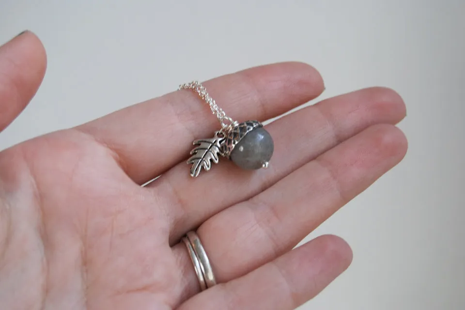 Labradorite and Silver Acorn Necklace | Cute Nature Charm | Forest Acorn Necklace | Nature Jewelry