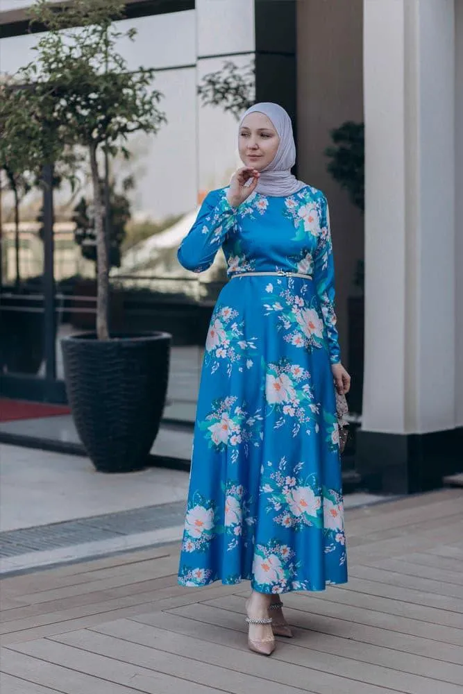 Leena satin maxi dress with long sleeve in blue