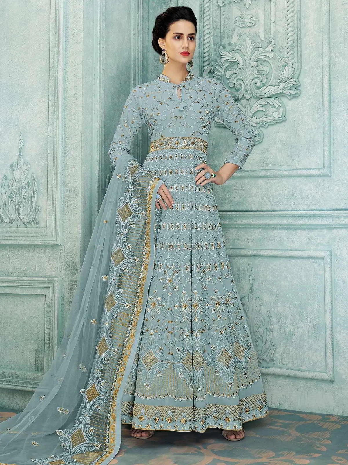 Light Blue Lucknowi Embroidered Kalidar Anarkali Suit