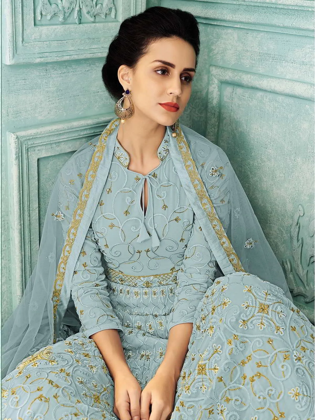 Light Blue Lucknowi Embroidered Kalidar Anarkali Suit