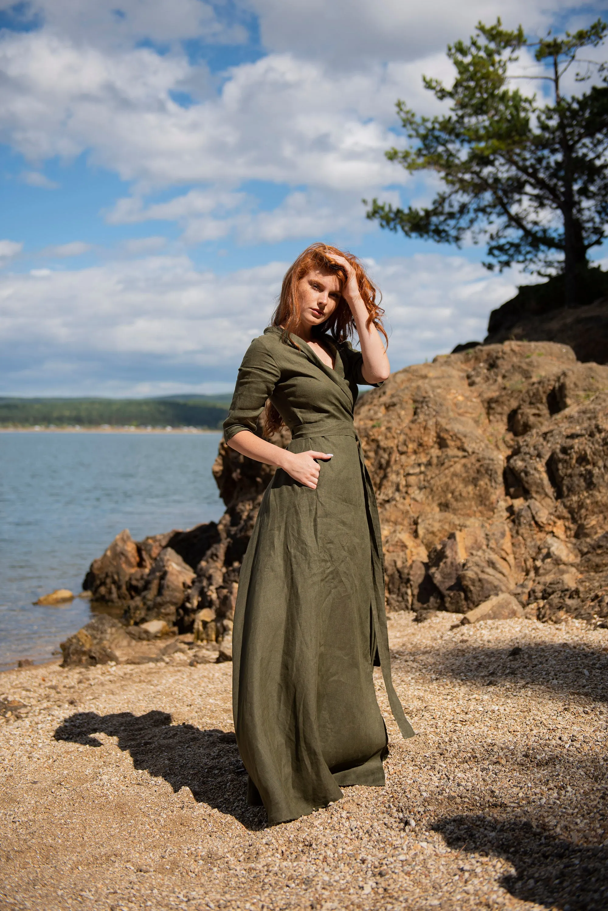 Long Linen Summer Dress with Tie Belt