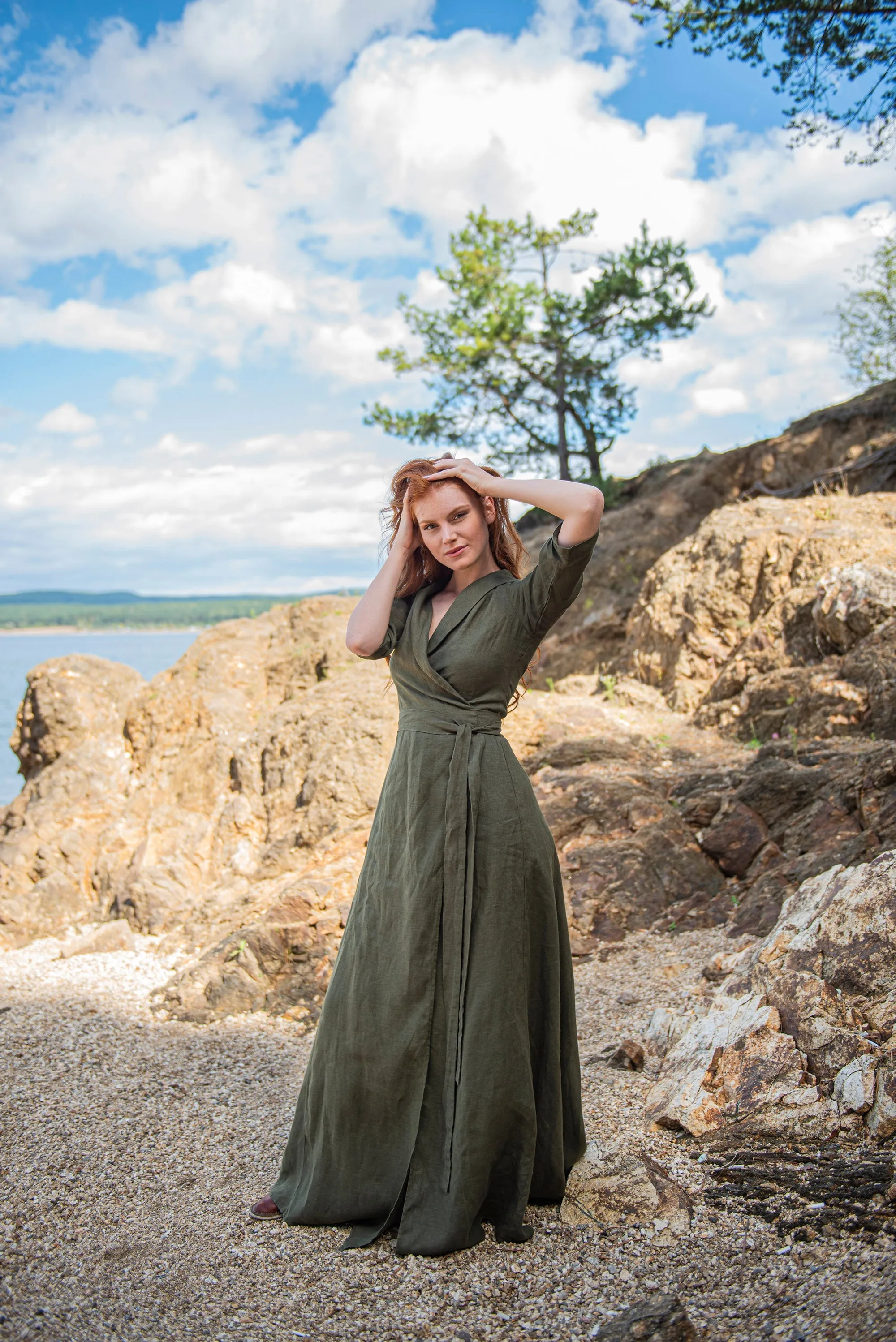 Long Linen Summer Dress with Tie Belt