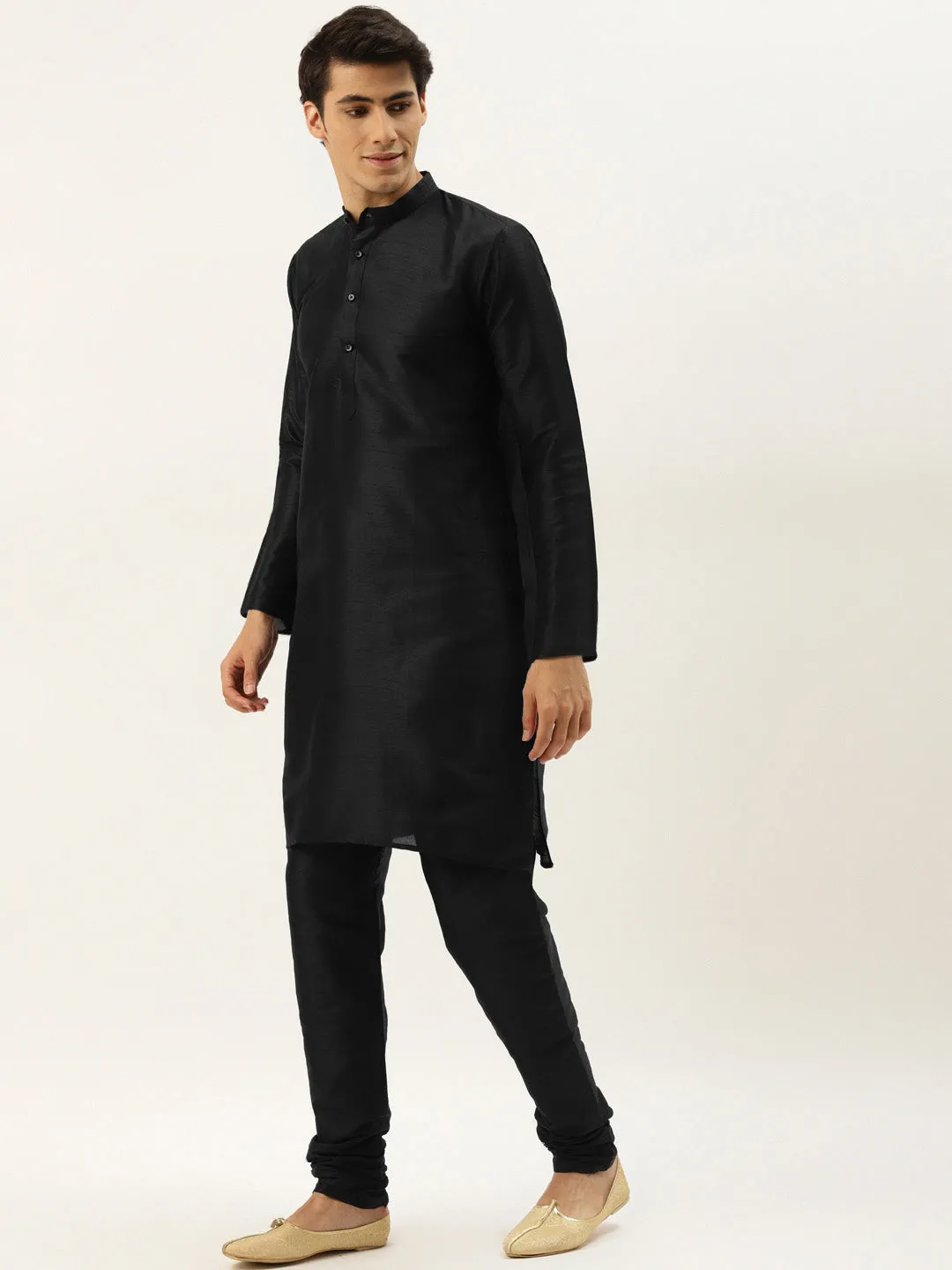 Men's Silk Blend Black Kurta Pyjama & Peach Sherwani Set - Sojanya