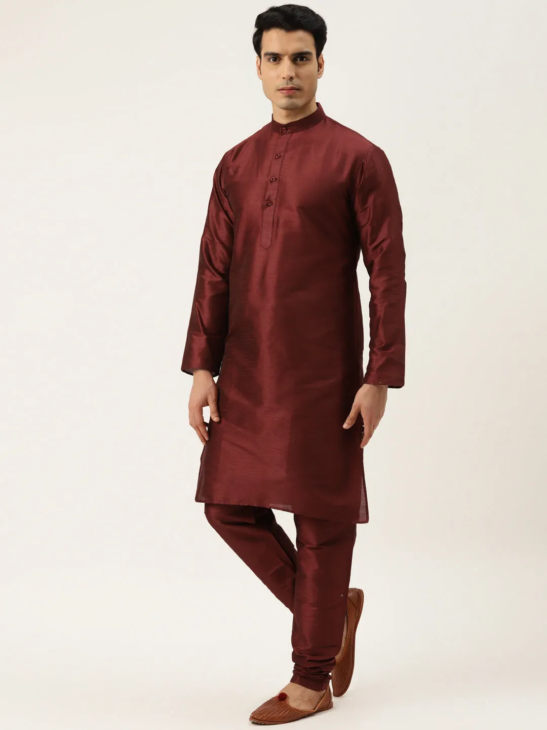 Men's Silk Blend Maroon Kurta Pyjama & Light Green Sherwani Set - Sojanya