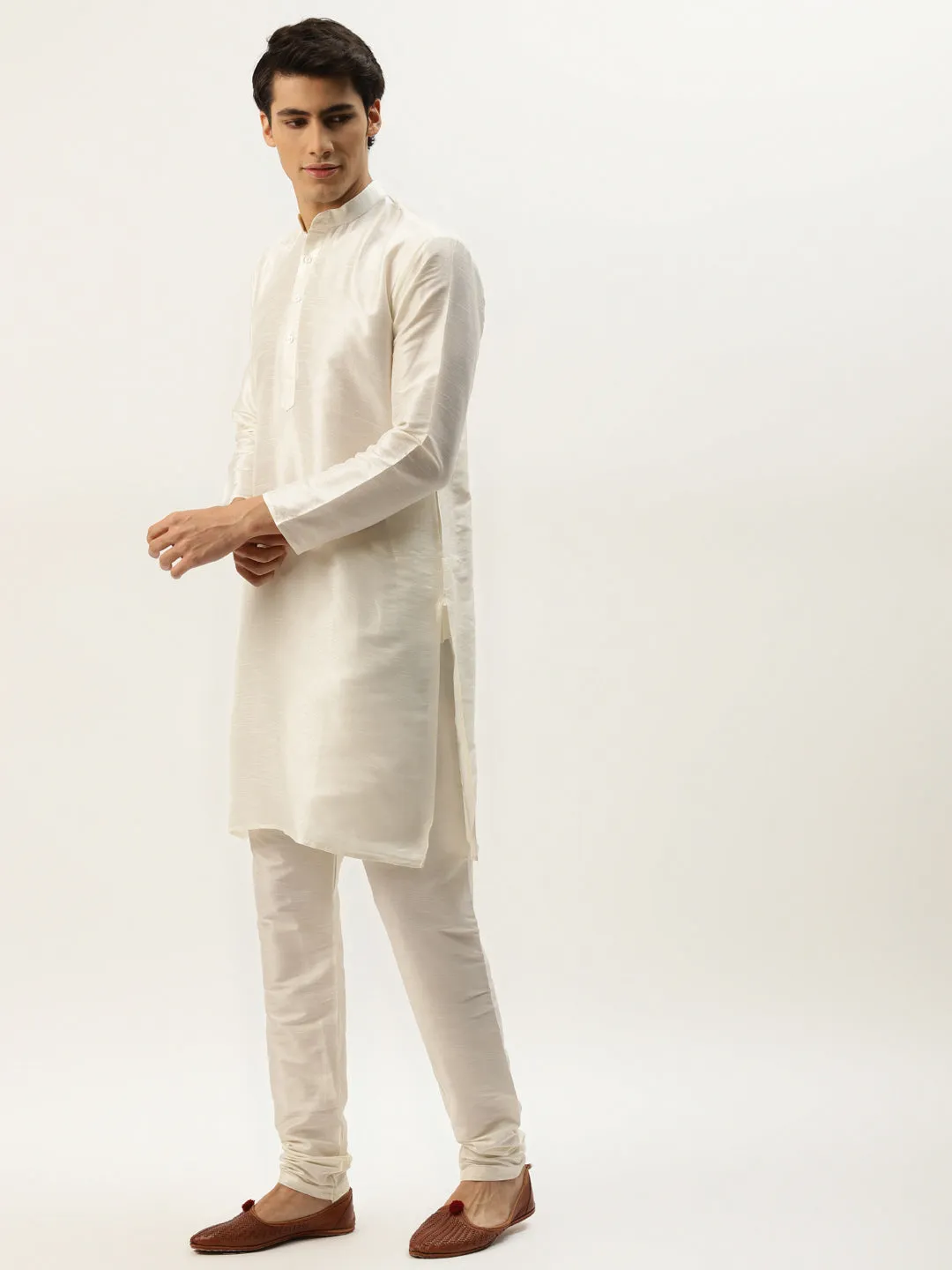 Men's Silk Blend Off White Kurta Pyjama & Offwhite Sherwani Set - Sojanya