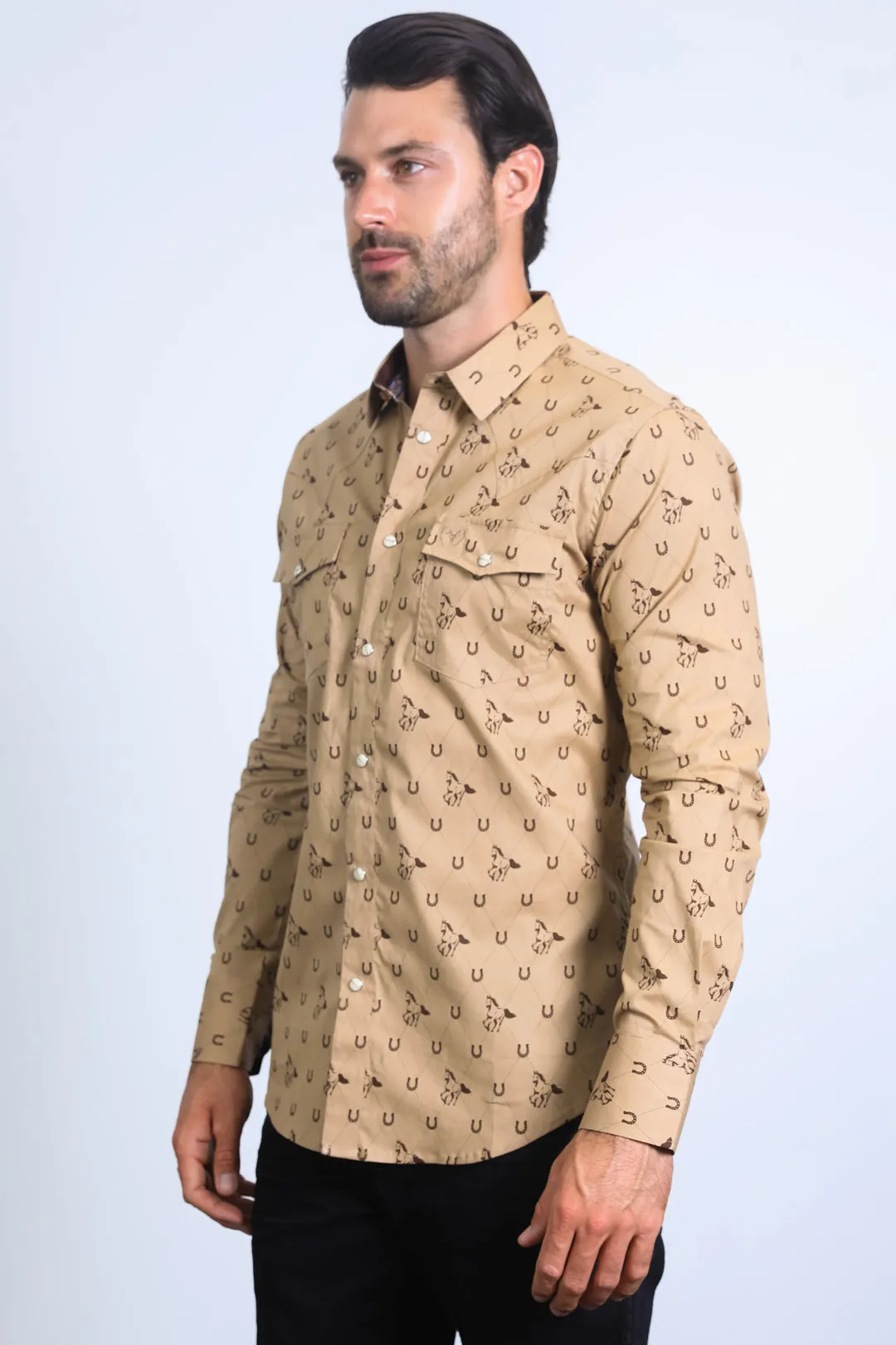 Mens Western Modern Fit Cotton/Spandex Long Sleeve Khaki Shirt with Snaps