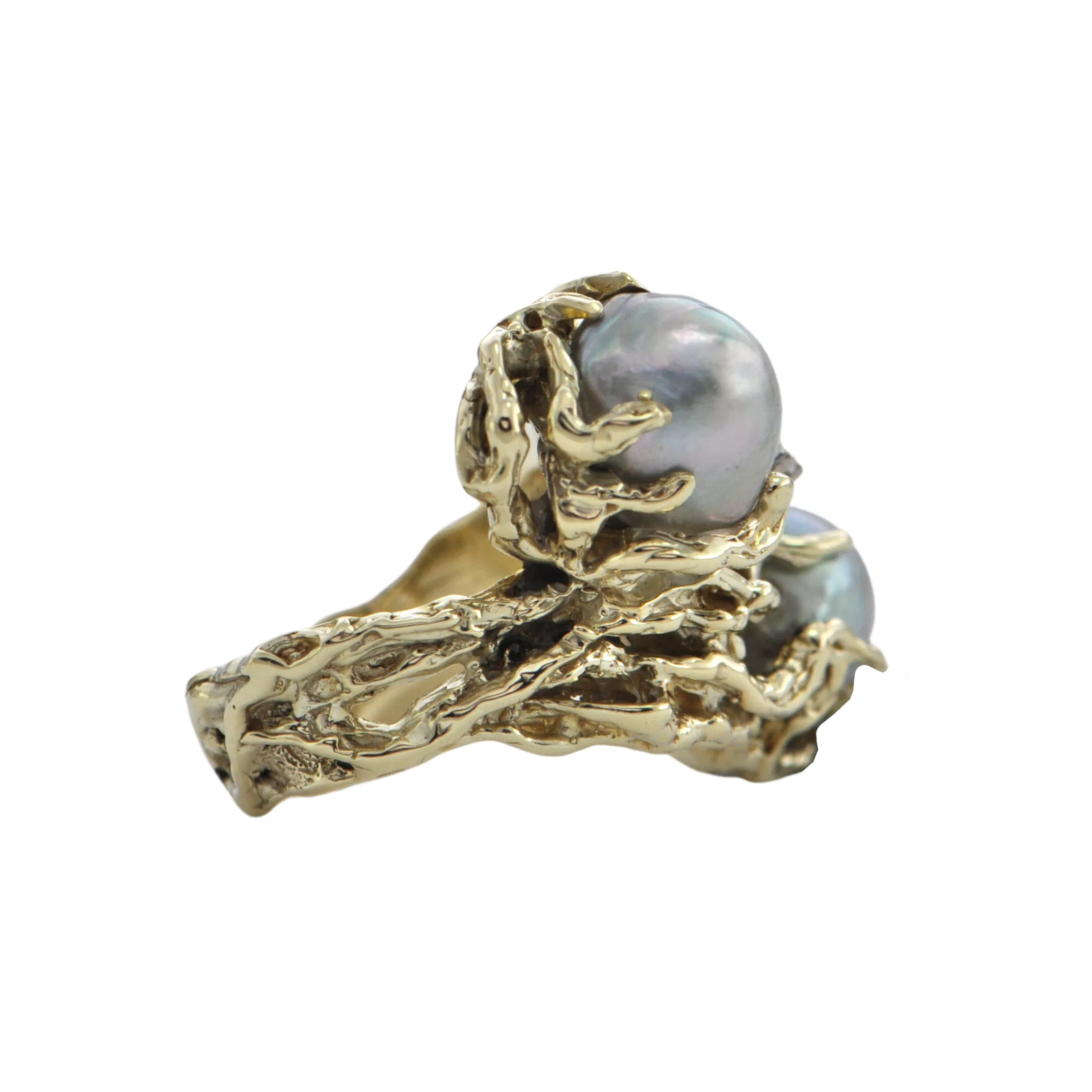 Mid-Century Brutalist style Baroque Pearl 14k Gold Ring