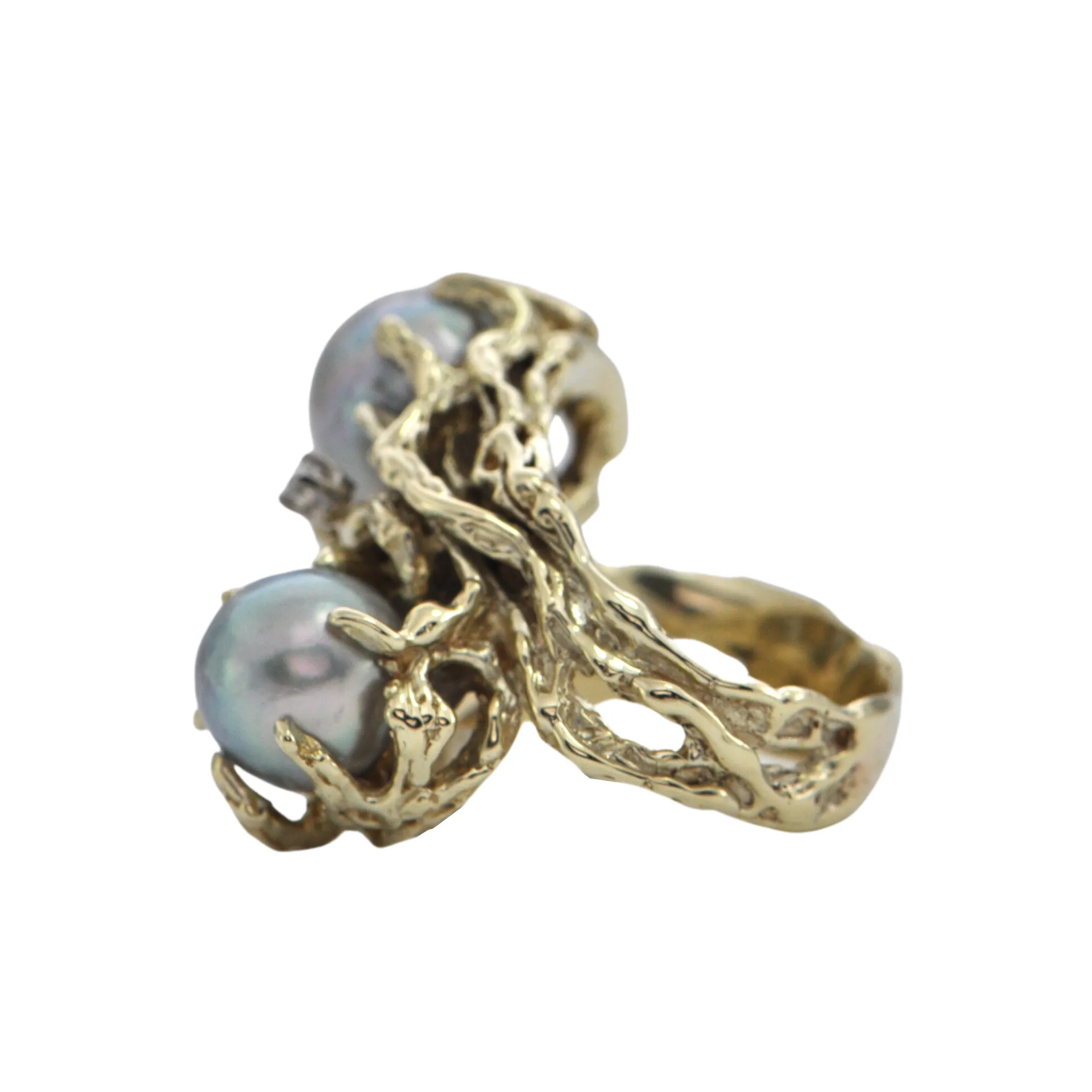 Mid-Century Brutalist style Baroque Pearl 14k Gold Ring