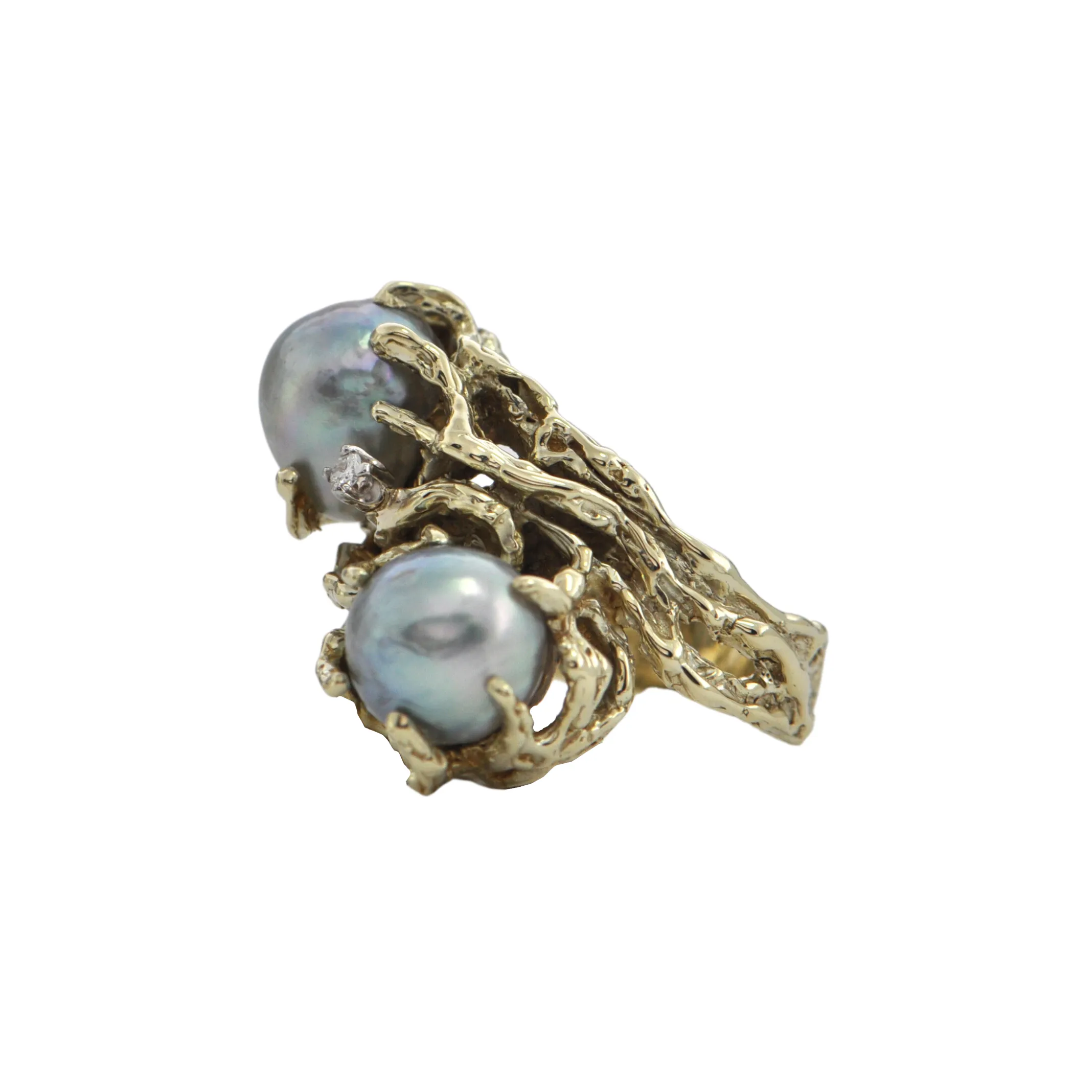 Mid-Century Brutalist style Baroque Pearl 14k Gold Ring