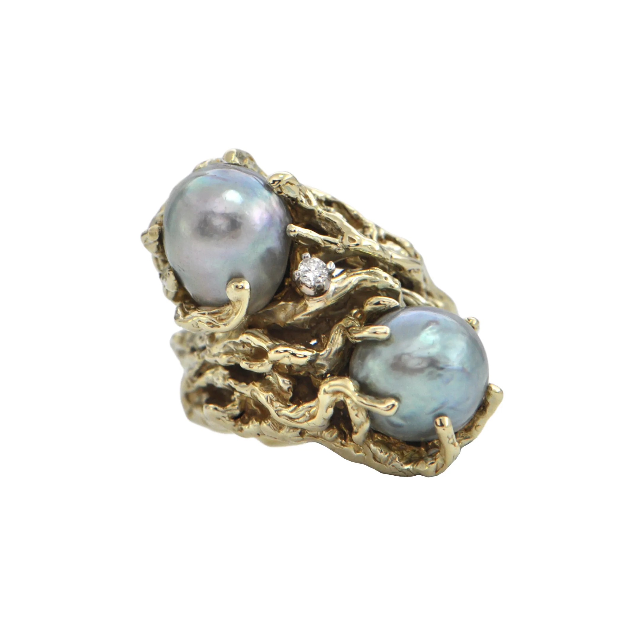 Mid-Century Brutalist style Baroque Pearl 14k Gold Ring