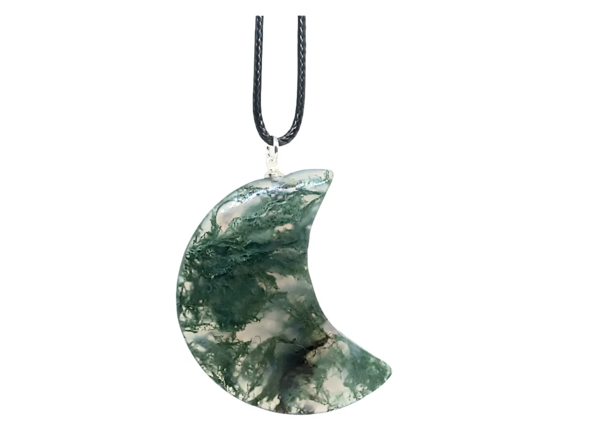 Moss Agate Crystal Moon Pendant Necklace