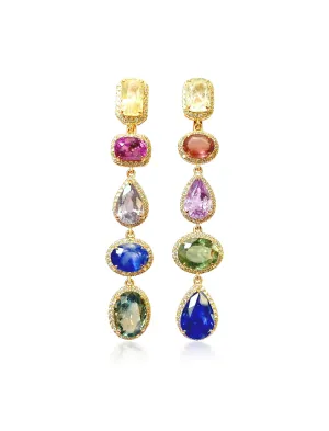 Multi Linear, 14K Yellow Gold, Rainbow Sapphires   Diamonds Earrings