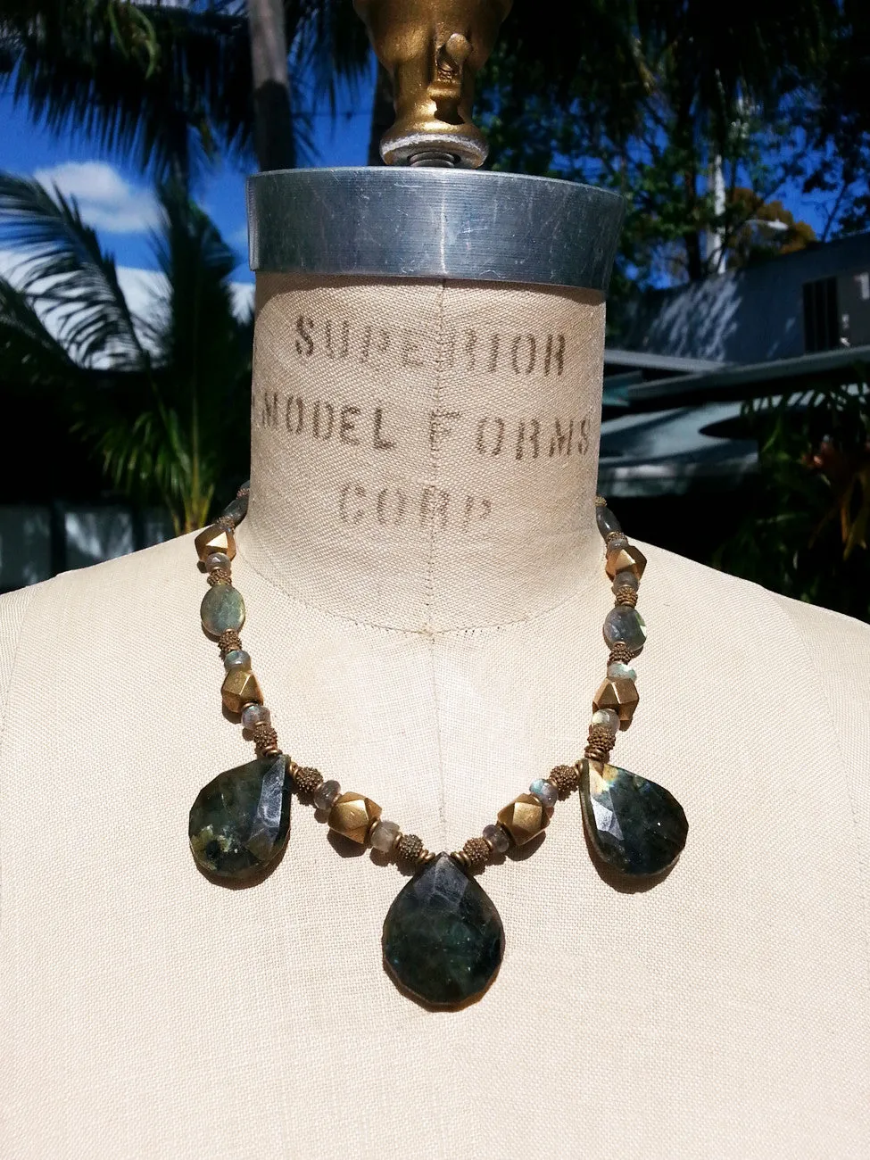 Necklace Faceted Labradorite Teardrops and Vintage African Brass