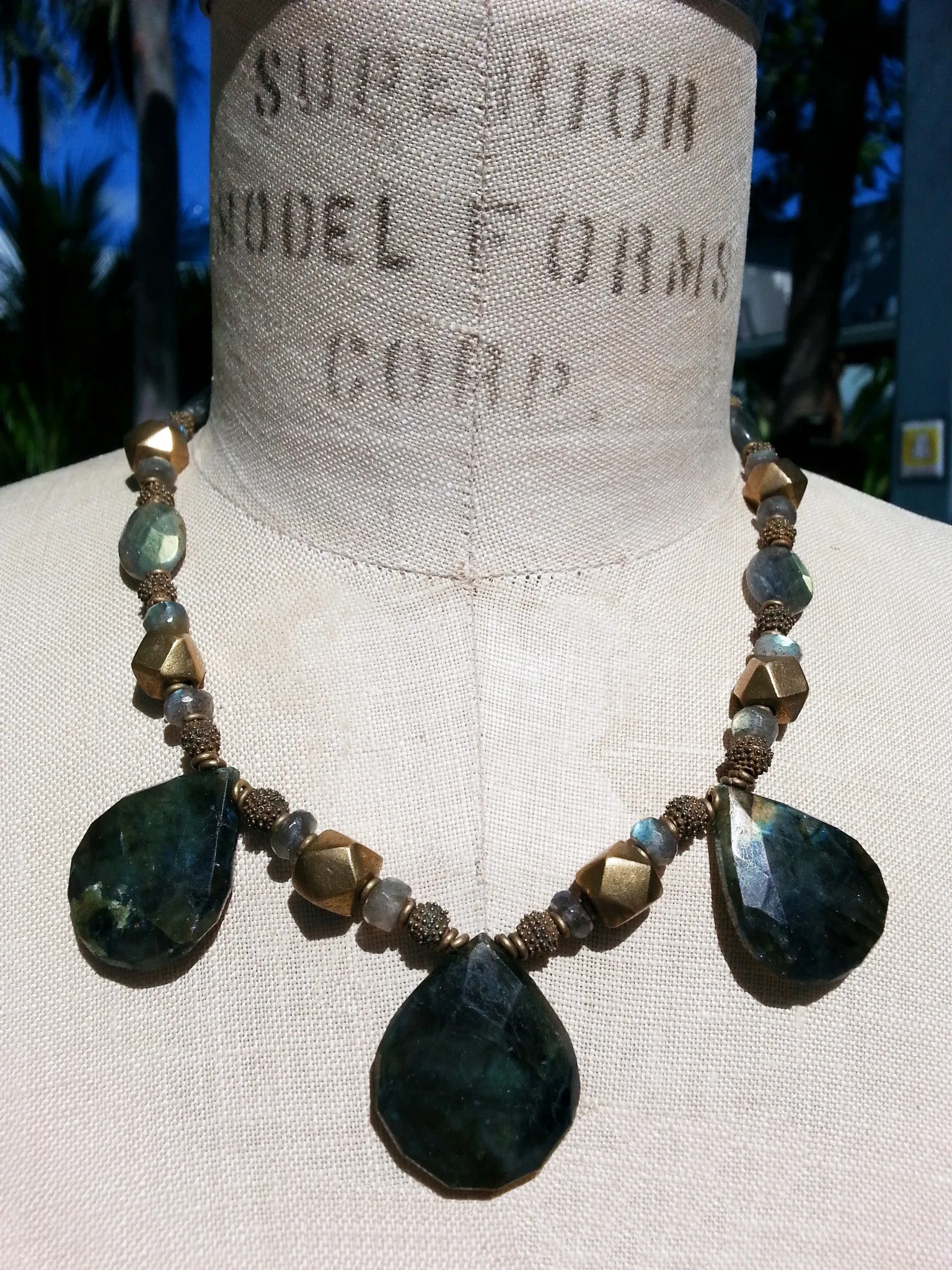 Necklace Faceted Labradorite Teardrops and Vintage African Brass