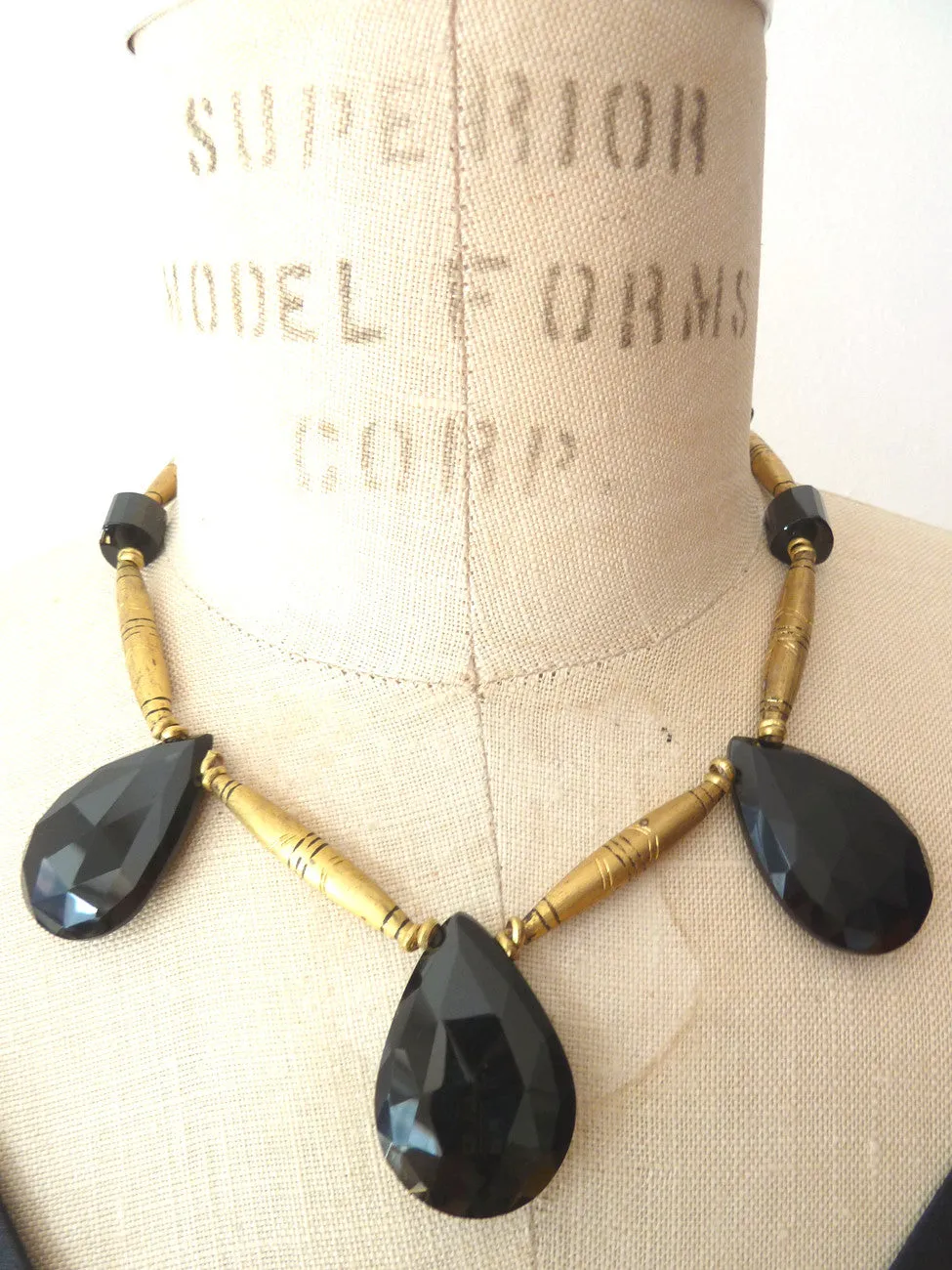 Necklace Faceted Labradorite Teardrops and Vintage African Brass