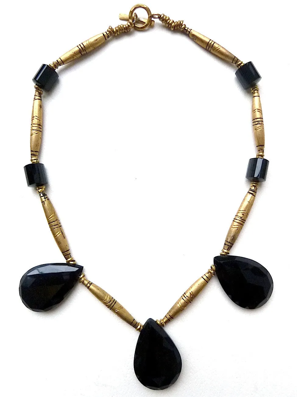 Necklace Faceted Labradorite Teardrops and Vintage African Brass