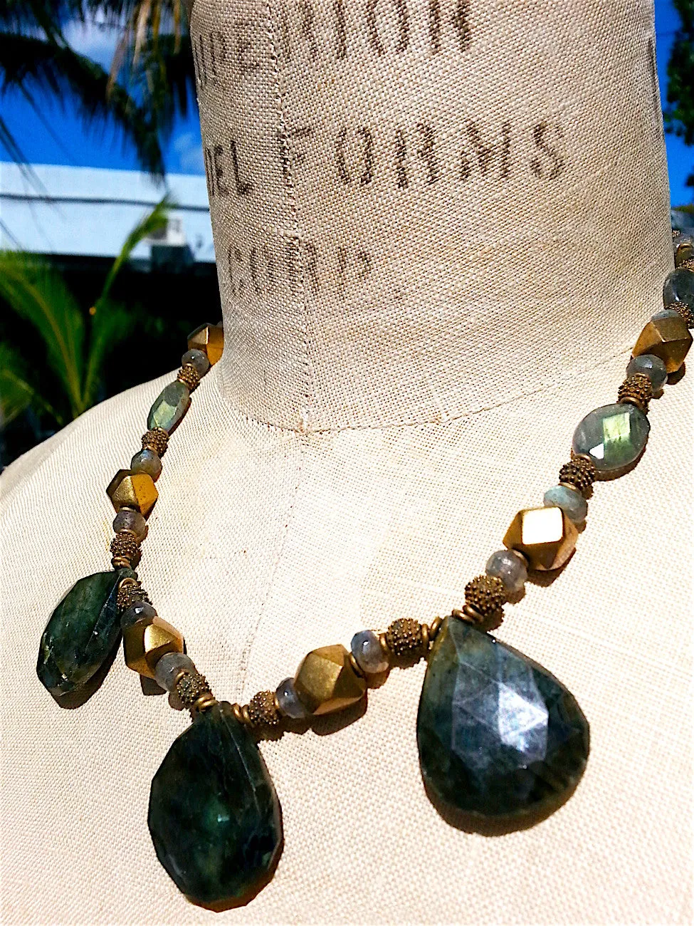 Necklace Faceted Labradorite Teardrops and Vintage African Brass