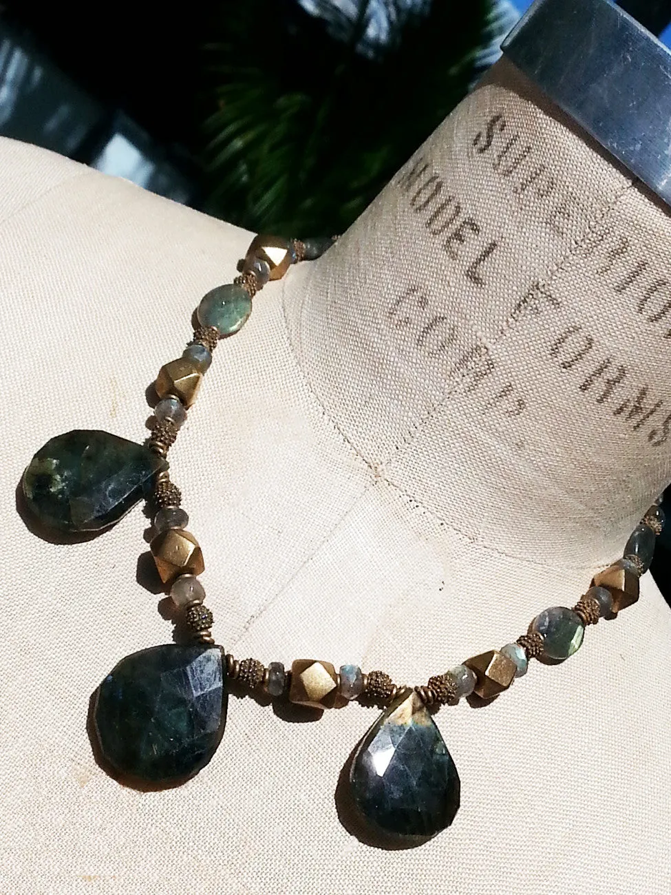 Necklace Faceted Labradorite Teardrops and Vintage African Brass