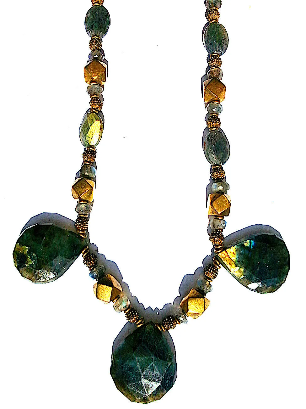 Necklace Faceted Labradorite Teardrops and Vintage African Brass