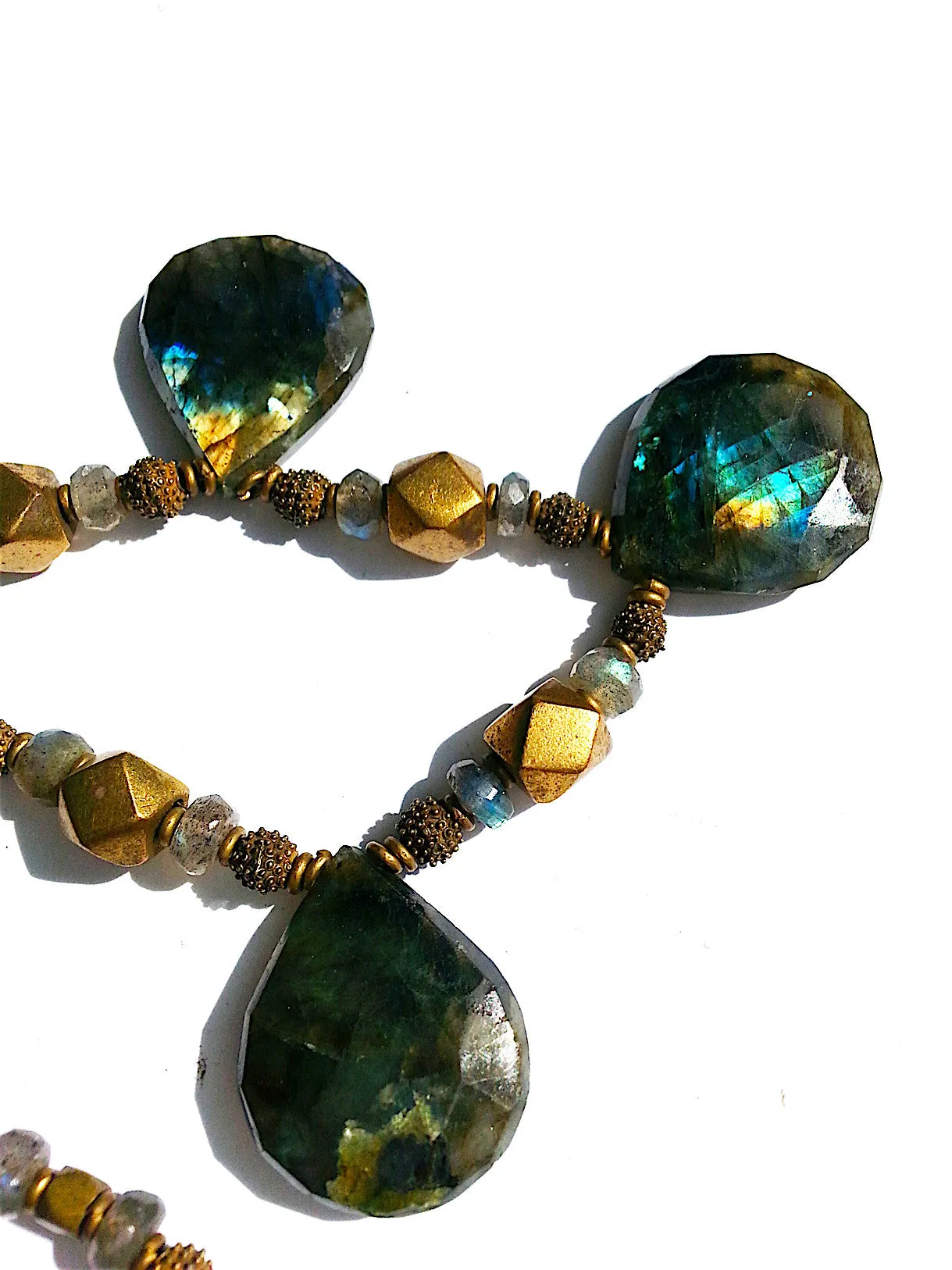 Necklace Faceted Labradorite Teardrops and Vintage African Brass