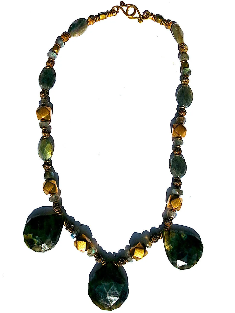 Necklace Faceted Labradorite Teardrops and Vintage African Brass