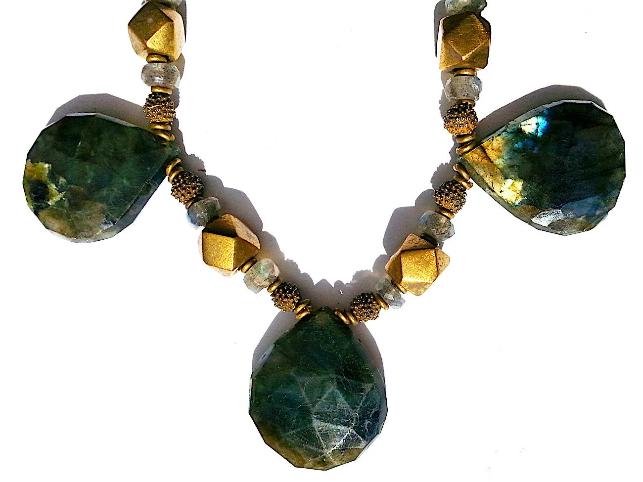 Necklace Faceted Labradorite Teardrops and Vintage African Brass