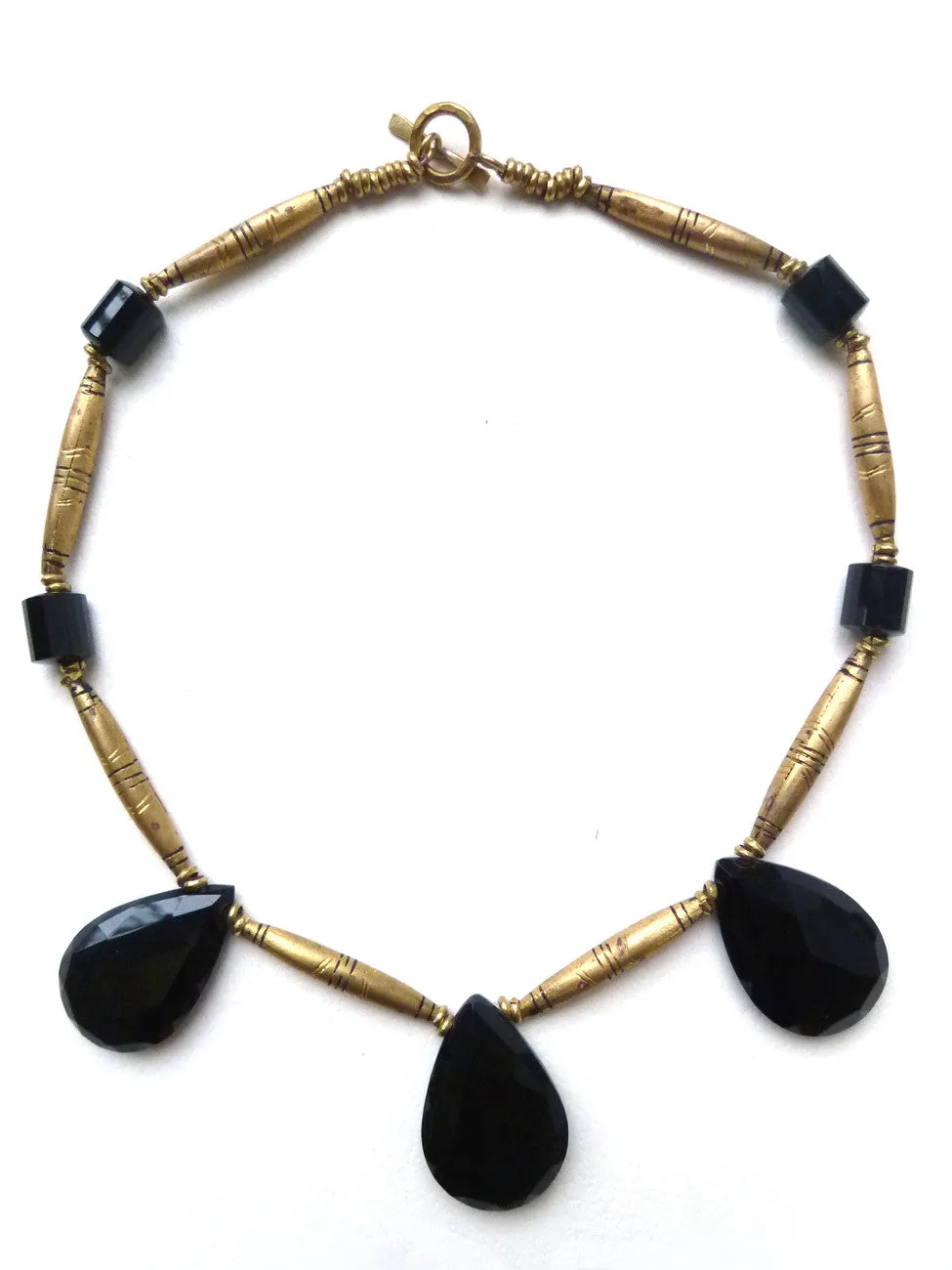 Necklace Faceted Labradorite Teardrops and Vintage African Brass