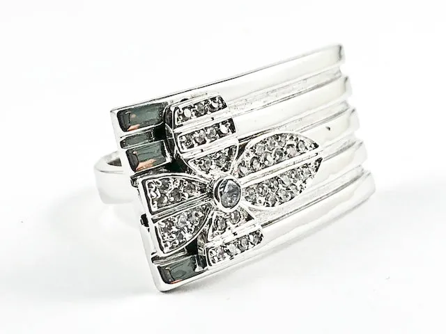 Nice Rectangle Shape Shiny Metallic With Flower CZ Design Horizontal Brass Ring