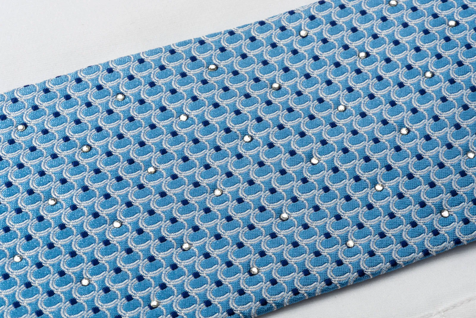 Nina Ricci Elegant Silk Tie Silver Circles On Blue With Crystal Rhinestones