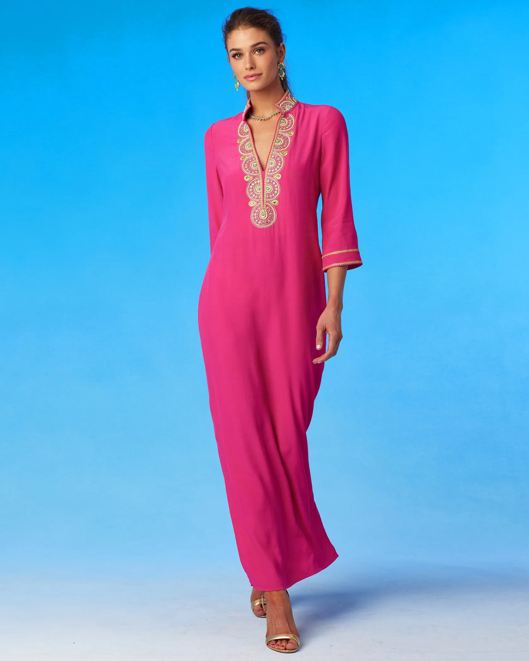 Noor Long Fuchsia Tunic Dress with Gold Embellishment