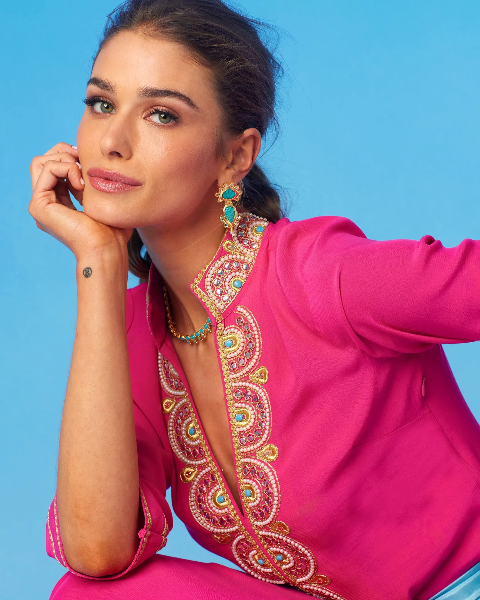 Noor Long Fuchsia Tunic Dress with Gold Embellishment