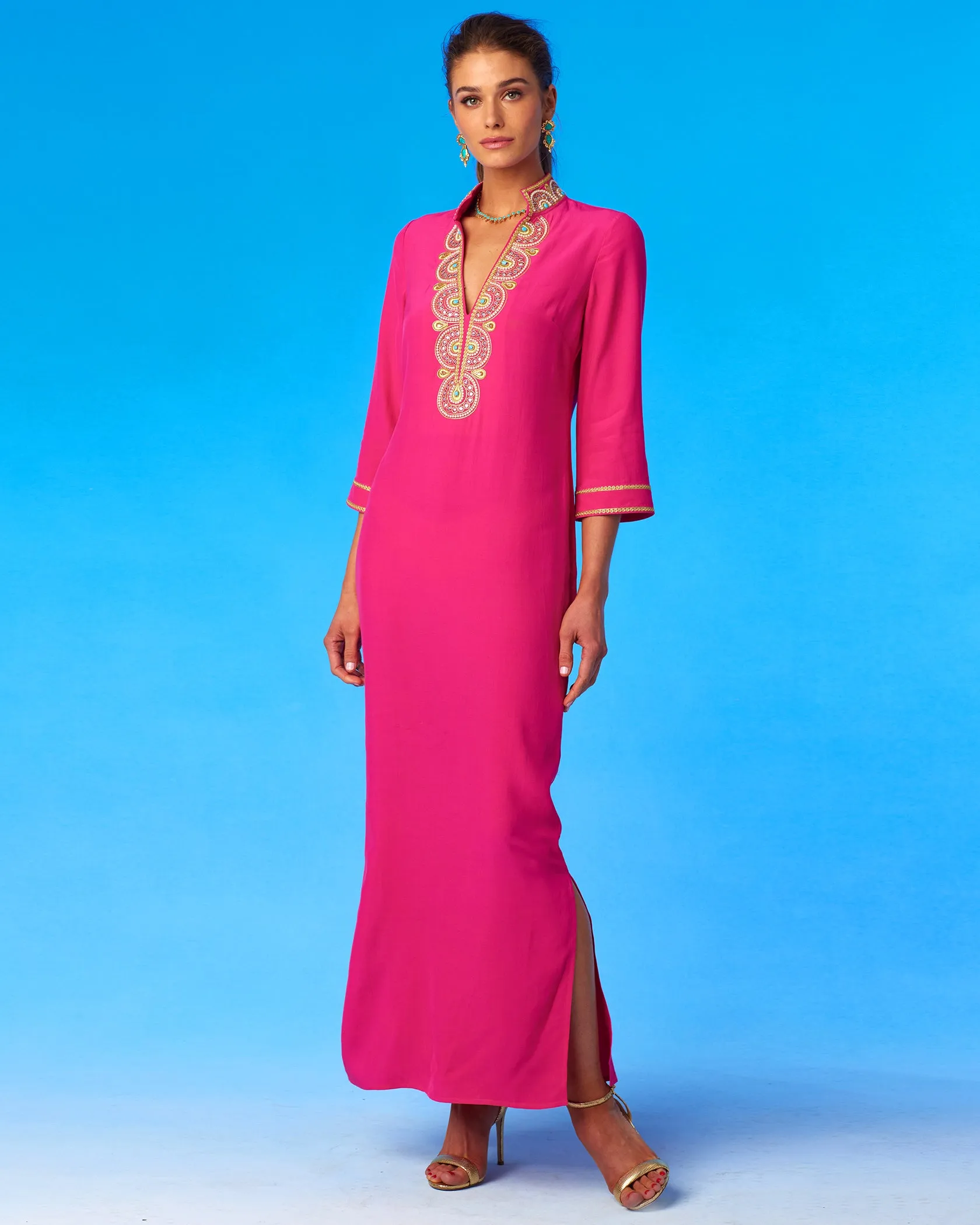 Noor Long Fuchsia Tunic Dress with Gold Embellishment