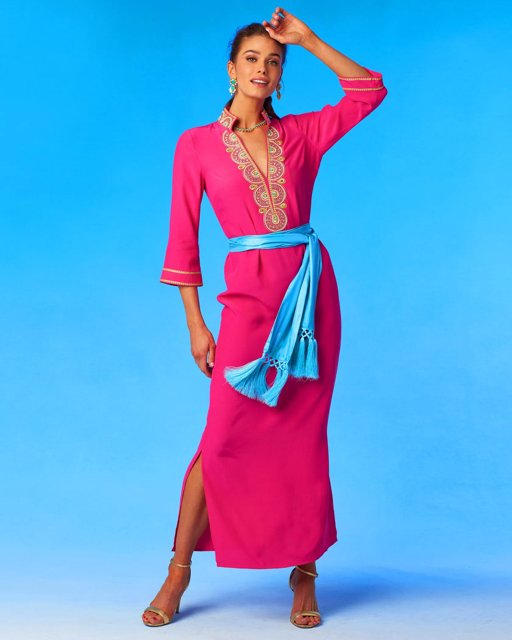 Noor Long Fuchsia Tunic Dress with Gold Embellishment