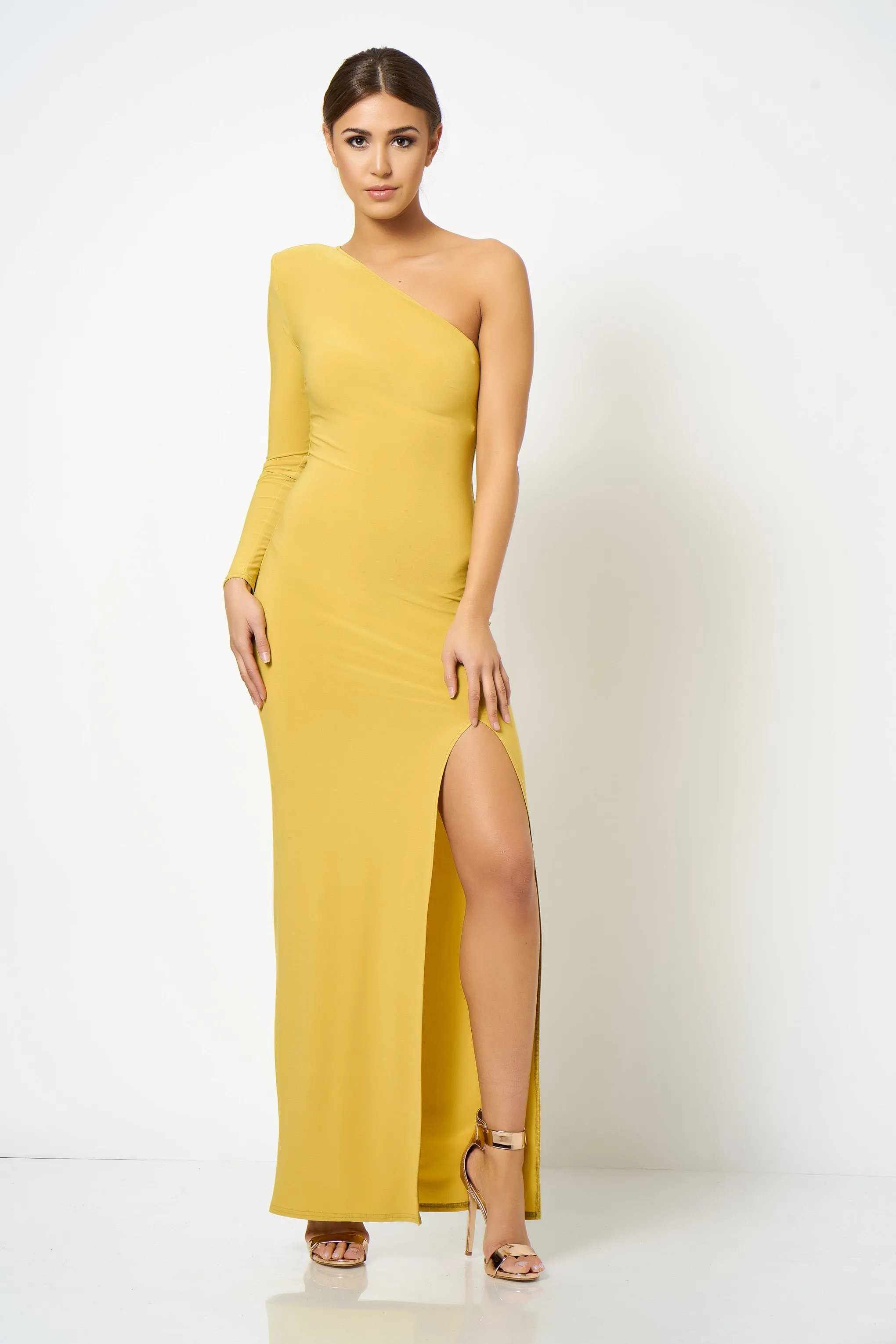 Ochre One Shoulder Extreme Split Maxi Dress