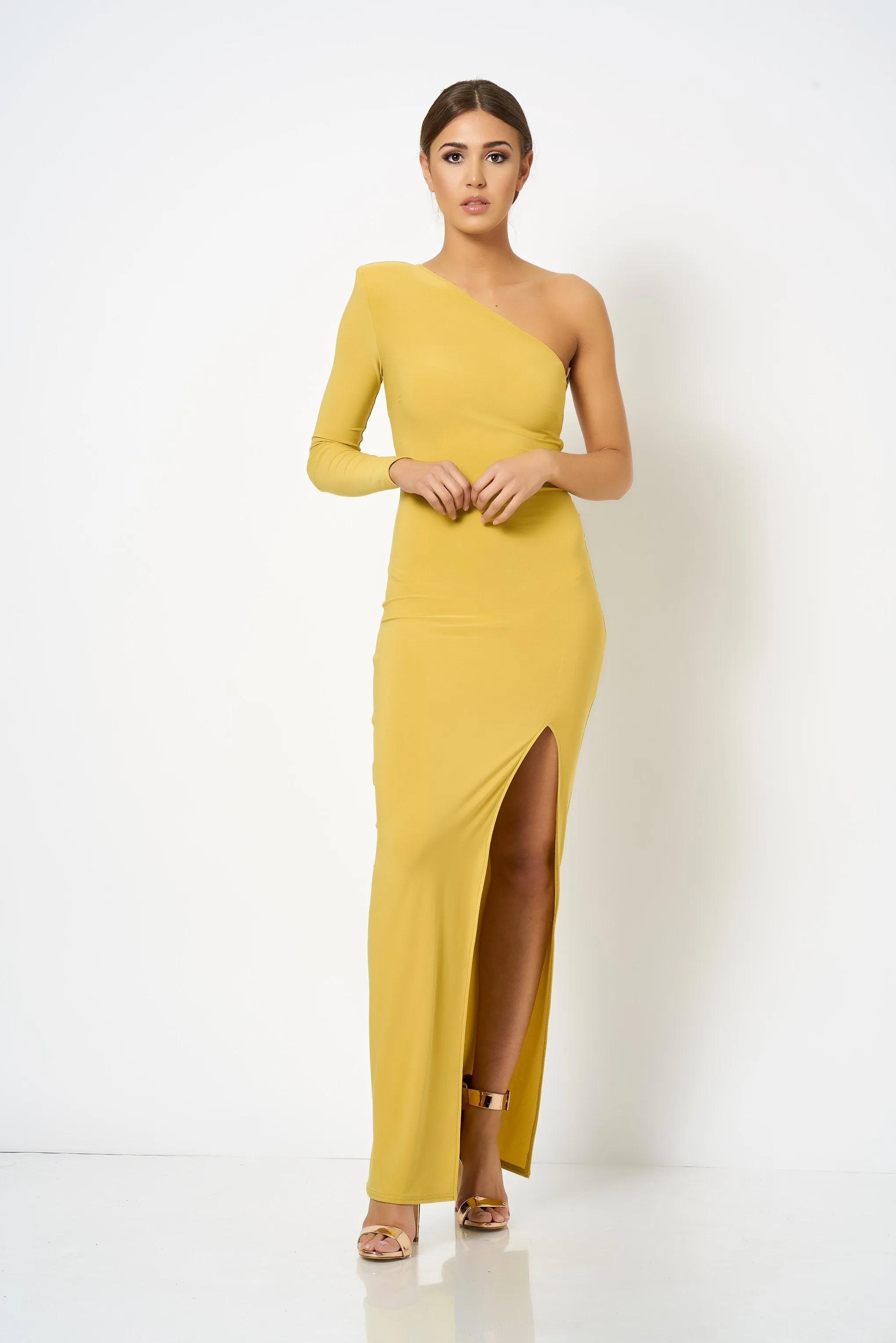 Ochre One Shoulder Extreme Split Maxi Dress