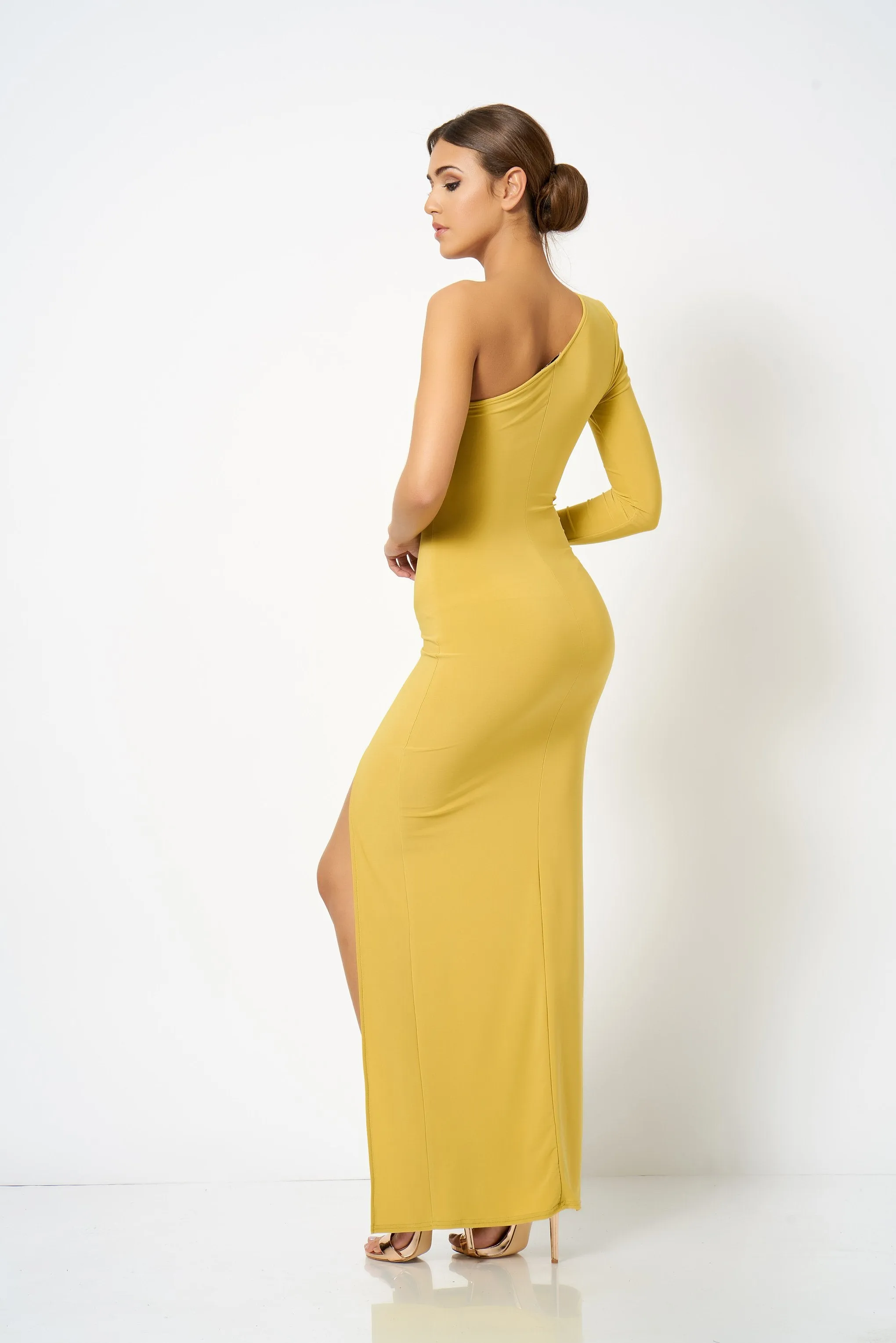 Ochre One Shoulder Extreme Split Maxi Dress