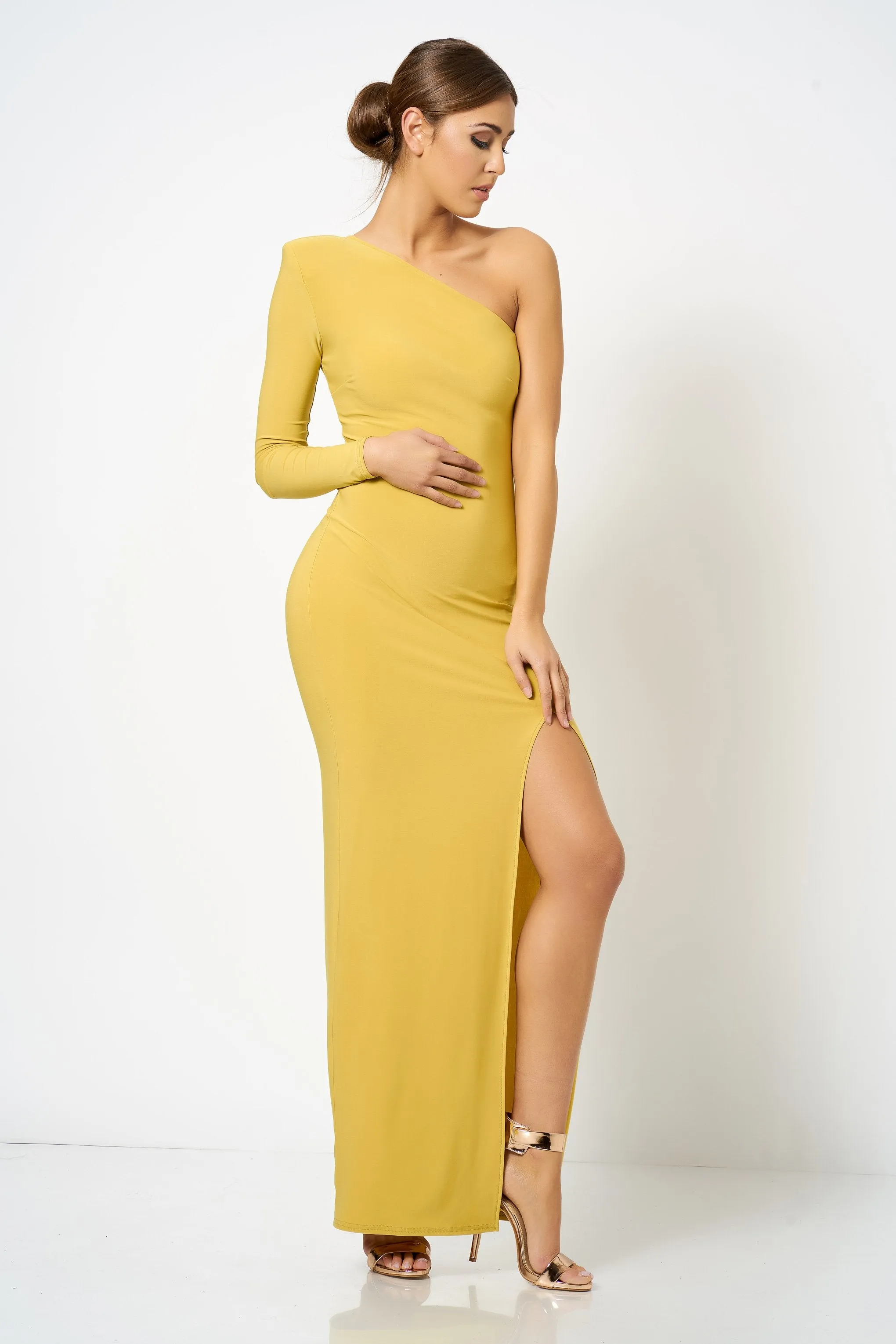 Ochre One Shoulder Extreme Split Maxi Dress