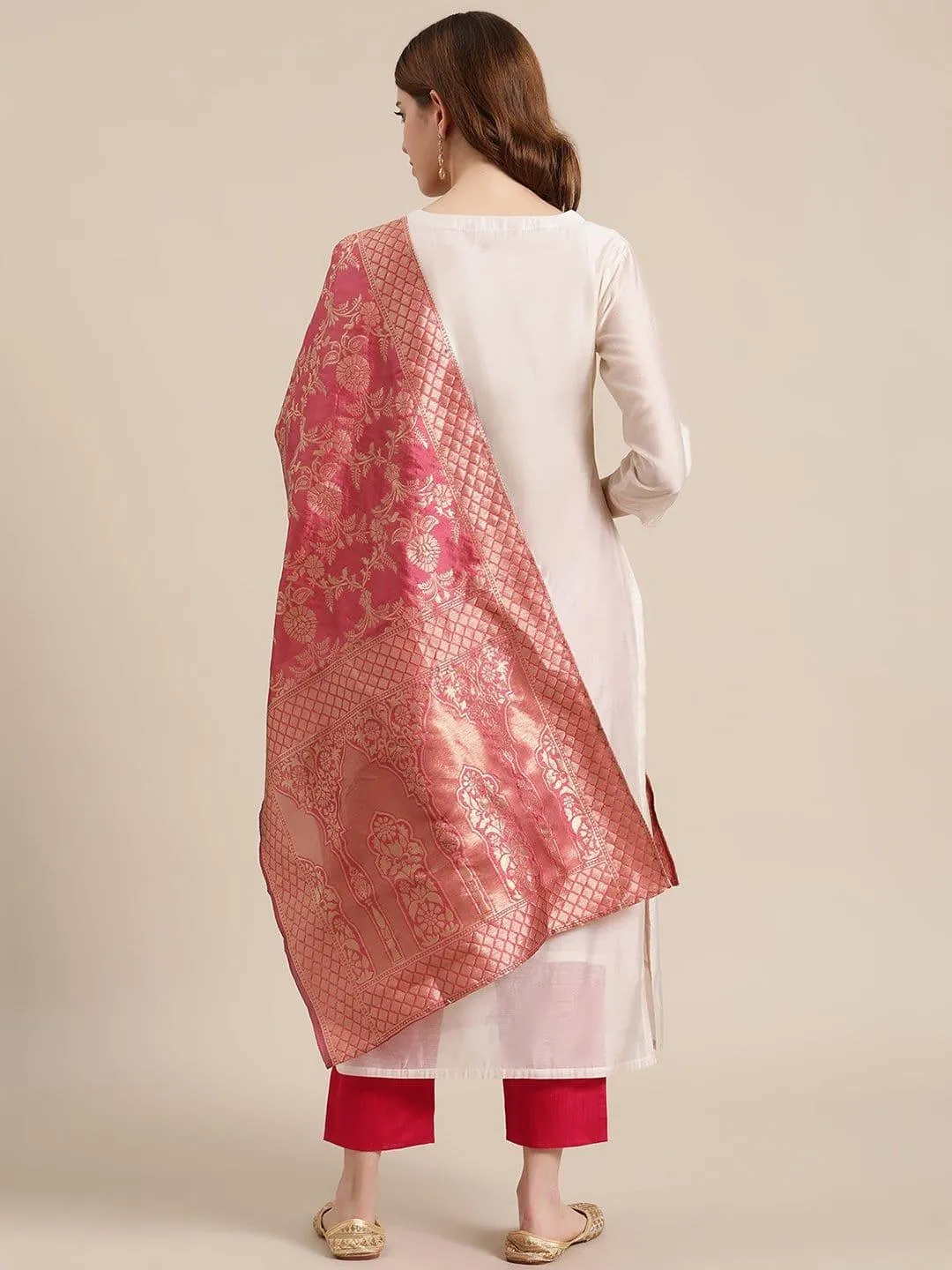 Off White And Pink Floral Embroidery Yoke With Pink Silk Trouser And Banarasi Dupatta