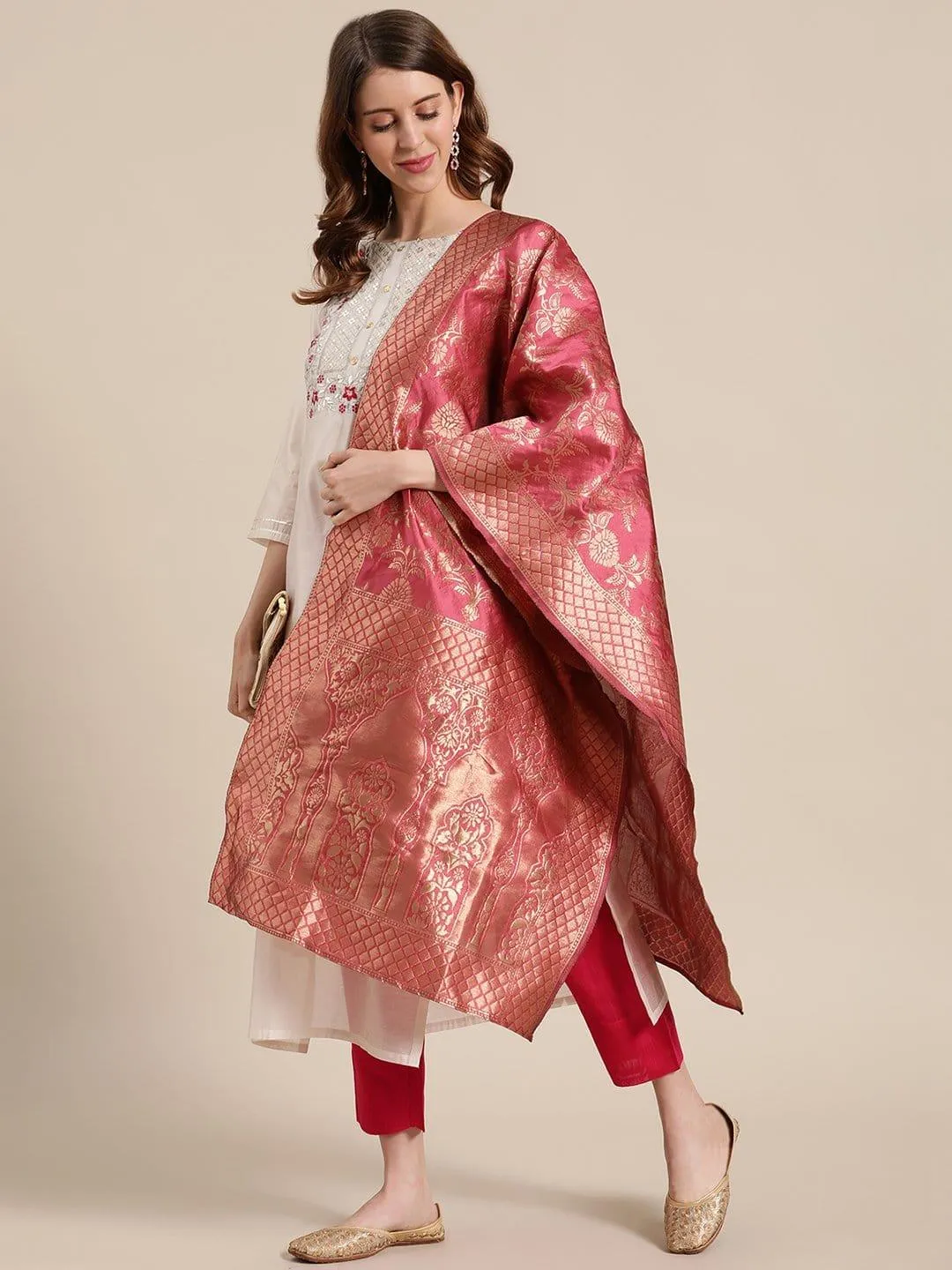 Off White And Pink Floral Embroidery Yoke With Pink Silk Trouser And Banarasi Dupatta