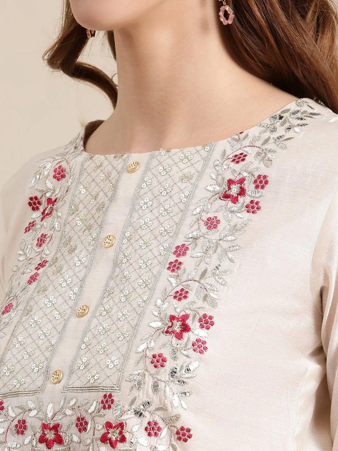 Off White And Pink Floral Embroidery Yoke With Pink Silk Trouser And Banarasi Dupatta