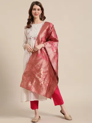 Off White And Pink Floral Embroidery Yoke With Pink Silk Trouser And Banarasi Dupatta