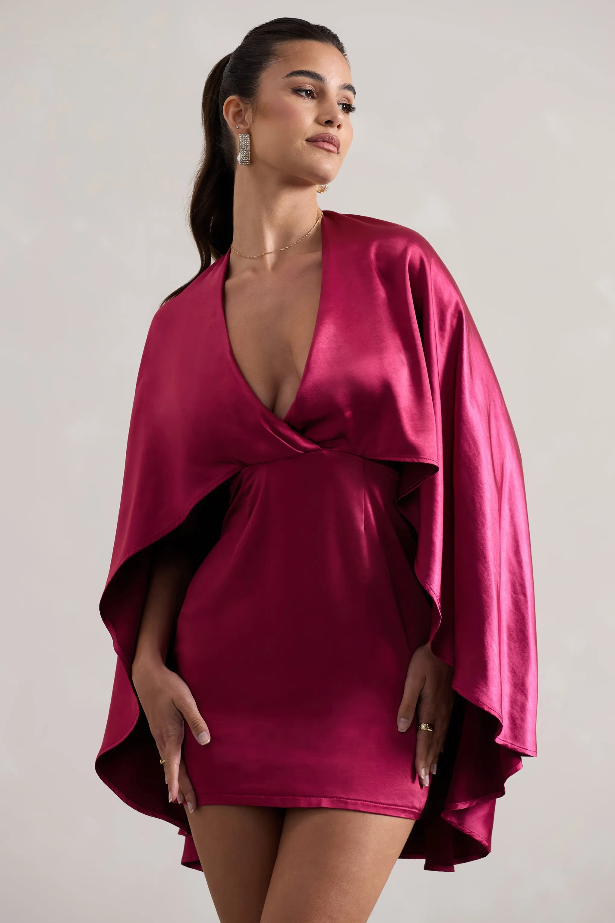 Olsen | Raspberry Satin Plunge-Neck Cape Mini Dress