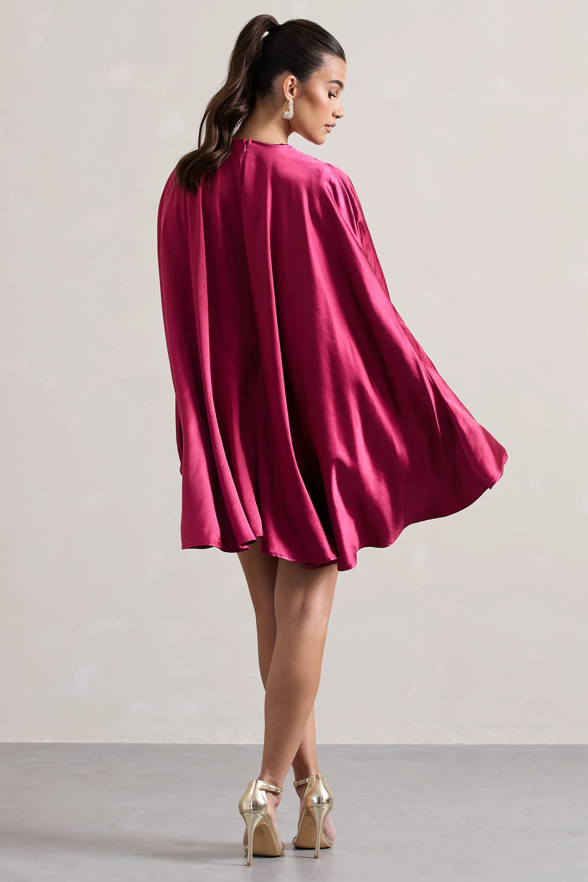 Olsen | Raspberry Satin Plunge-Neck Cape Mini Dress