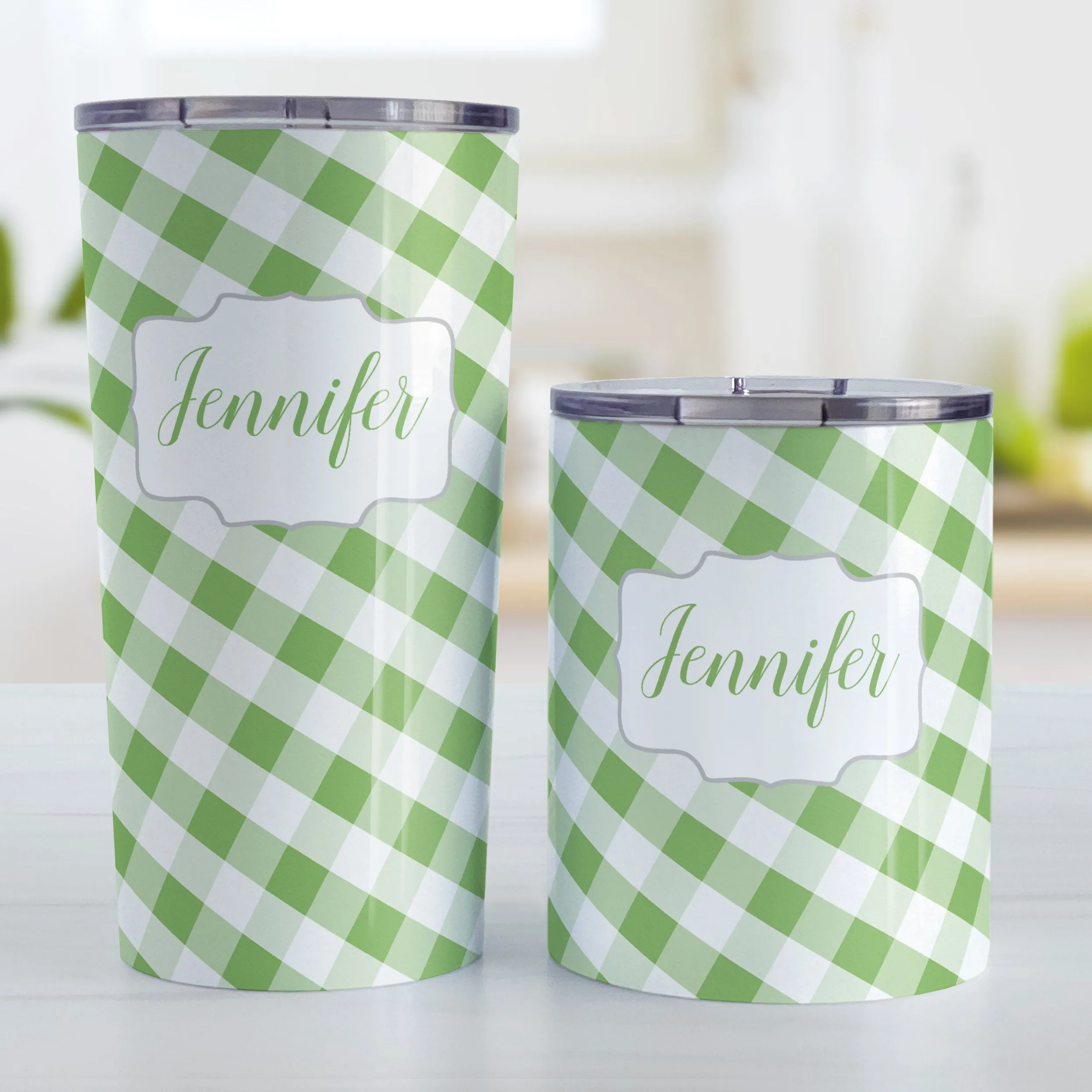 Personalized Green Gingham Tumbler Cup