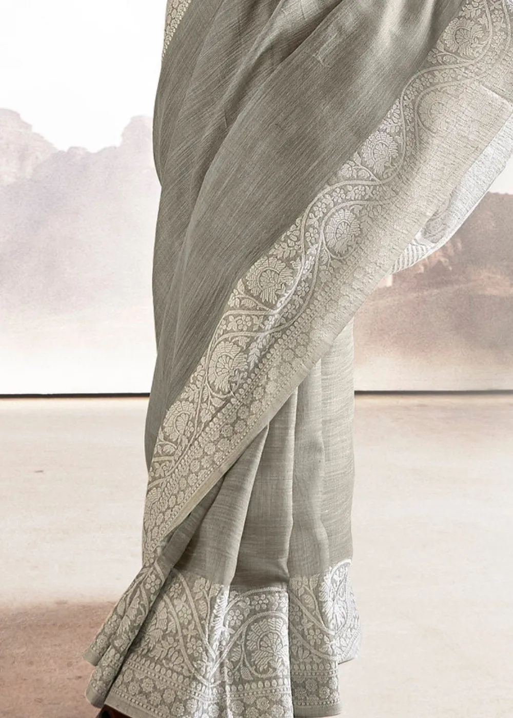 Pewter Grey Soft Linen Silk Saree with Lucknowi work and Sequence Blouse