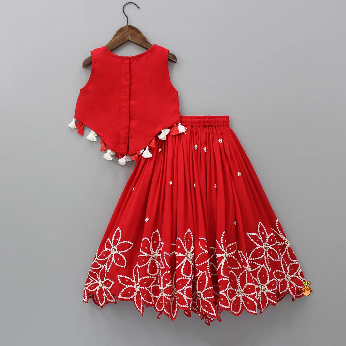 Pre Order: Embroidered Red Top And Pleated Lehenga